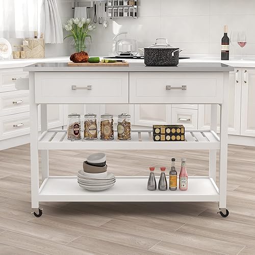 Miniatura 2 de RASOO Carrito de isla de cocina, carrito de cocina blanco con ruedas con estantes abiertos de almacenamiento con un cajón grande, mesa de madera y