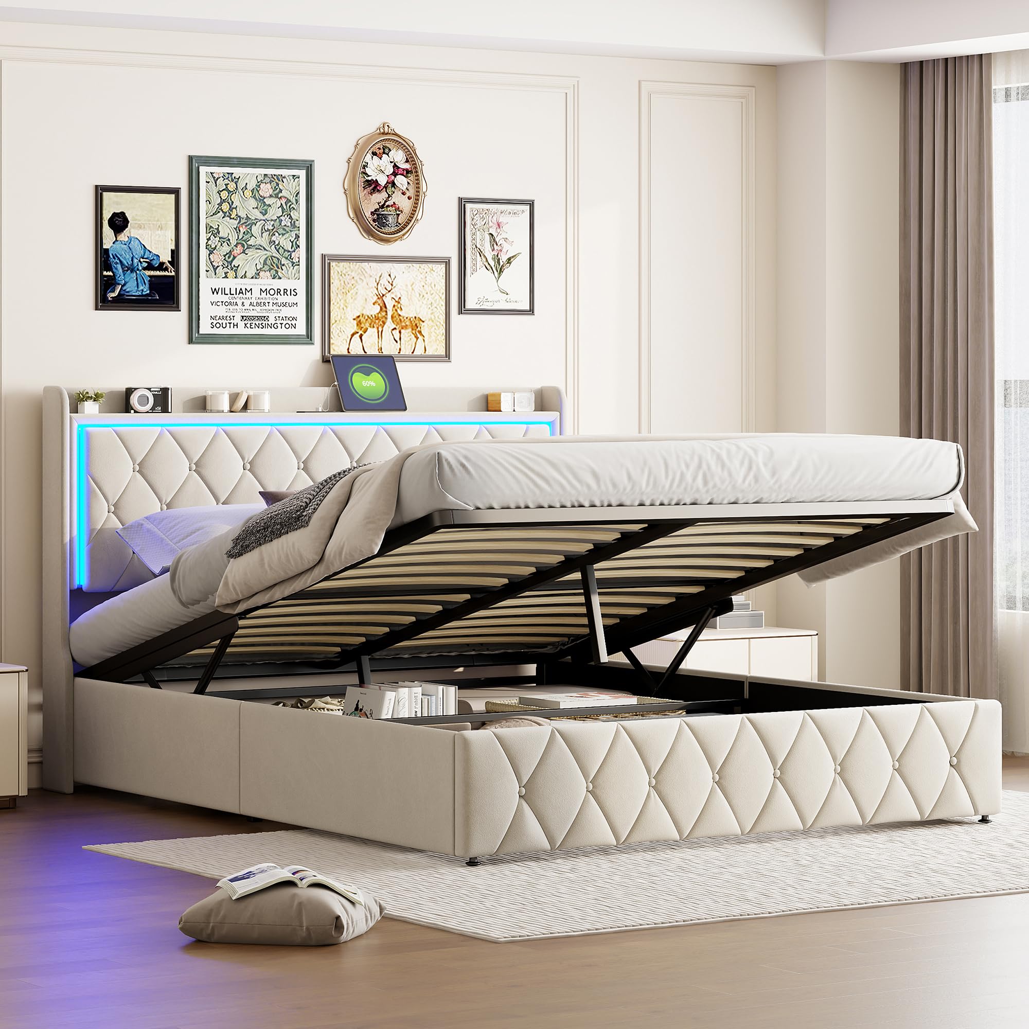 Cama de Matrimonio 140x200 cm con Canapé Abatible Hidráulico, Cama Doble Tapizada de Terciopelo Beige con Almacenaje, Cabecero LED RGB con 2 USB-A y USB-C, Somier de Láminas, Sin Colchón