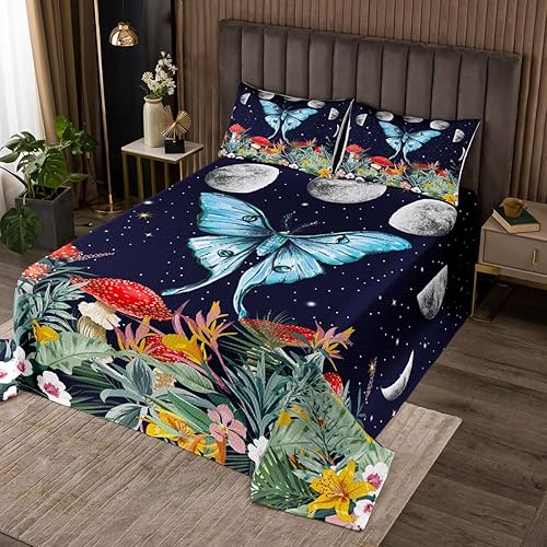 Erosebridal Juego de colcha de mariposa azul para niñas y mujeres, juego de edredón de fase lunar, tamaño King, lindo juego de funda de cama de