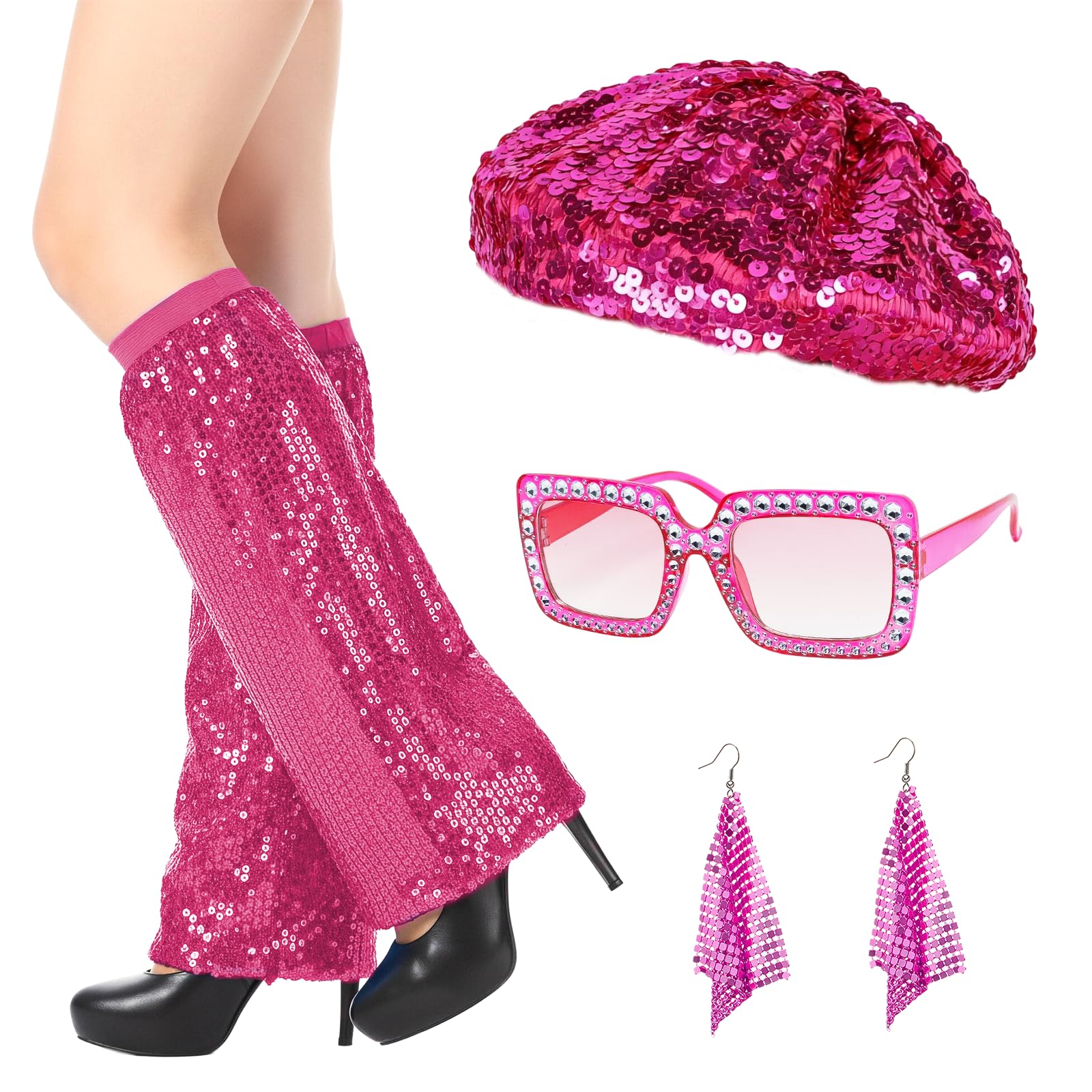 YAEGMIMHT 5Pcs 70s Accessories for Women Disco Fancy Dress Accessories, Sequins Beret Hat Leg Warmers Sunglasses Earrings
