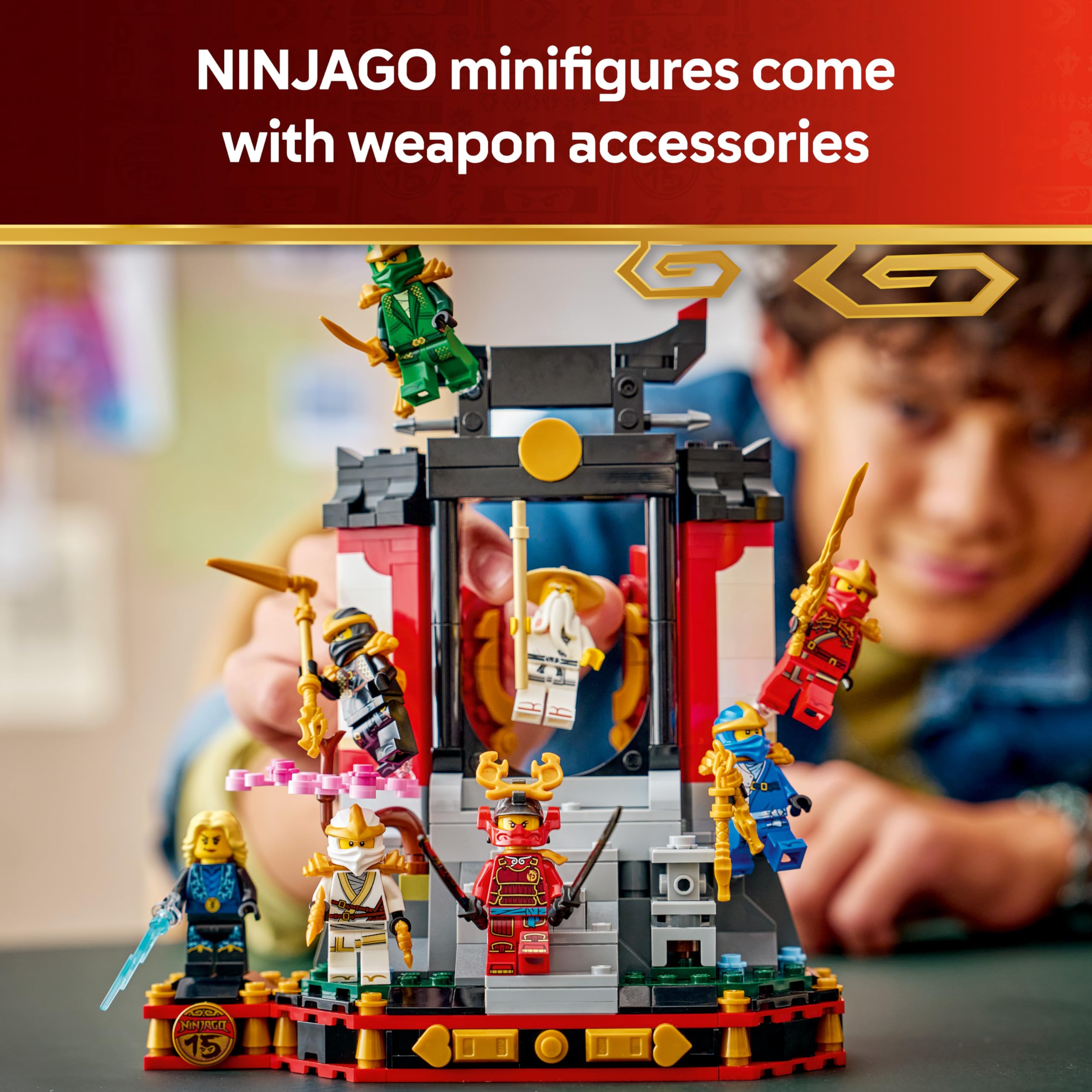 LEGO NINJAGO Ninja Character Display 15th Anniversary, Monastery Gate Model Kit w/ 8 Collectible Minifigures & Swords - Image 3