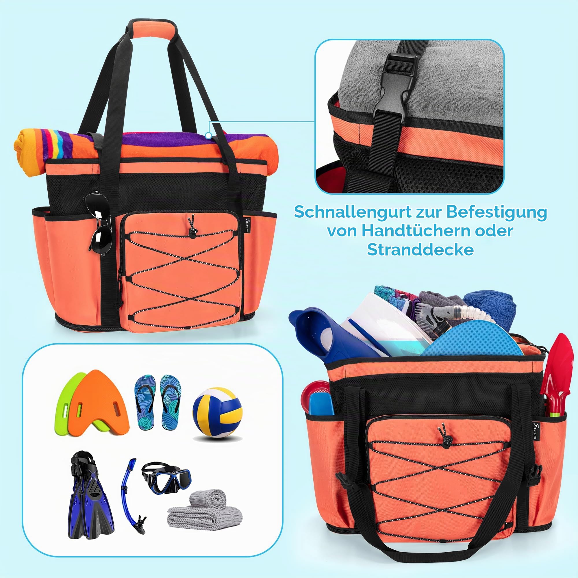 Fasrom Strandtasche XXL mit Reissverschluss unten, badetasche Groß | Mit Trennsystem mit 2 Schichten, Wasserdichter Tasche, 6 Elastischen Taschen und 1 Reißverschlusstasche für Strandutensilien