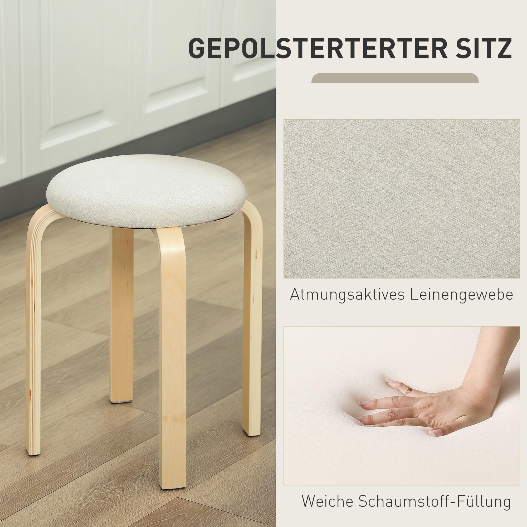 HOMCOM Esszimmerhocker 4er Set Stapelhocker für Esszimmer Cremeweiß | Aus Birkensperrholz, Hocker mit Leinenoptik, Küchenhocker, Polsterhocker, Wohnzimmer