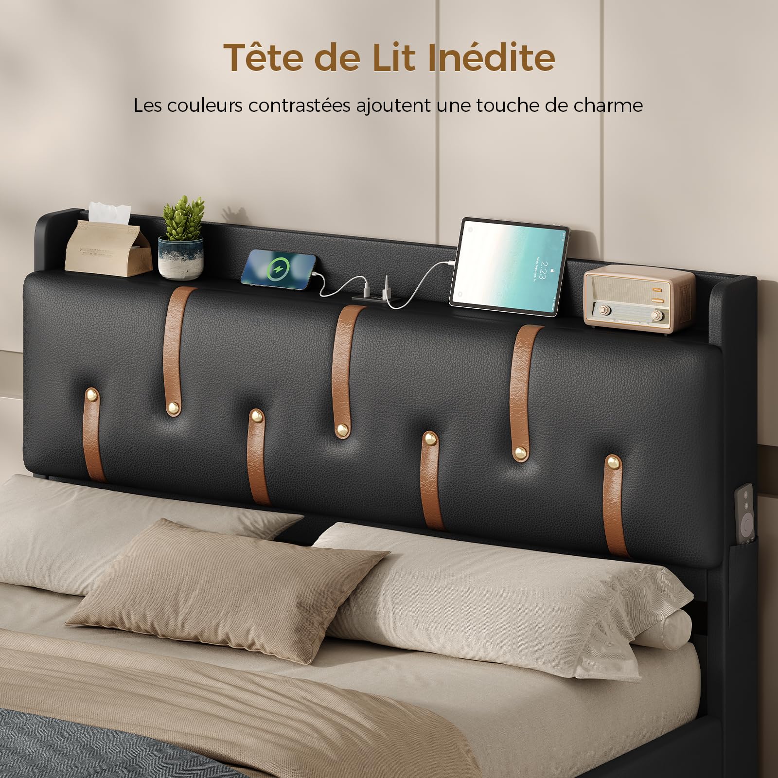KIMENICH Lit 140x190 avec Sommier à Lattes en Bois, Lits 2 Personnes avec Multiprise, Tête de Lits Capitonnée avec Compartiment Caché et Étagère Ouverte, Cadre de Lit 140x190 Rembourré, PU Noir