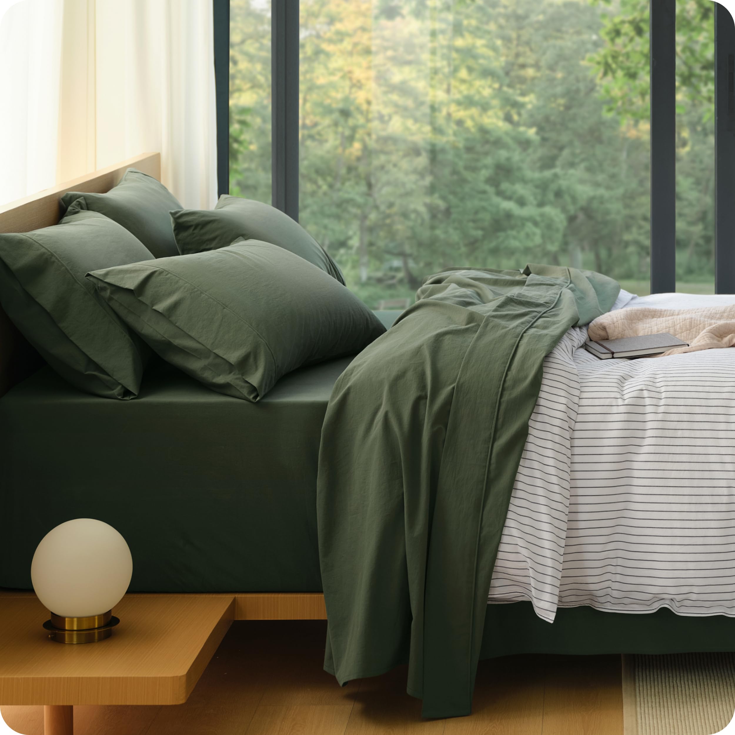Bedsure 100% Washed Cotton Percale Sheets Queen Size - Linen Like Textured 6-Piece Bedsheet Set with 18" Deep Pocket, Breathable & PureWoven Soft Comfy (Linen, Queen) — view 13