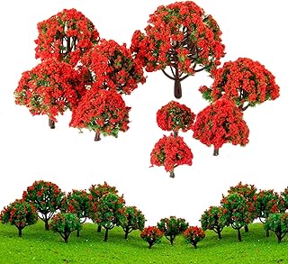 Yetaha 10pcs Model Trees Red Flower Train Trees Model Train Railways Architecture Scenery Diorama Tree Model Railroad Scenery with No Stands for DIY HO N Z Scale Model Train Landscape Supplies