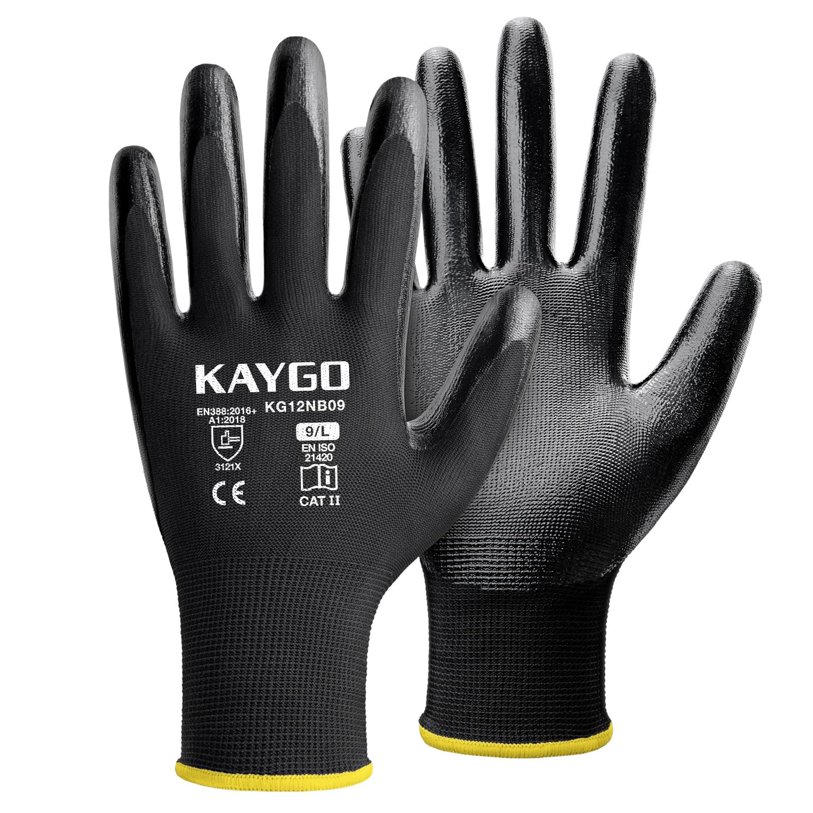KAYGO Work Gloves Nitrile Coated, 12 Pairs KG12N，Seamless Knit, Protective Safety Work Gloves with Good Grip for General Work,Black,L
