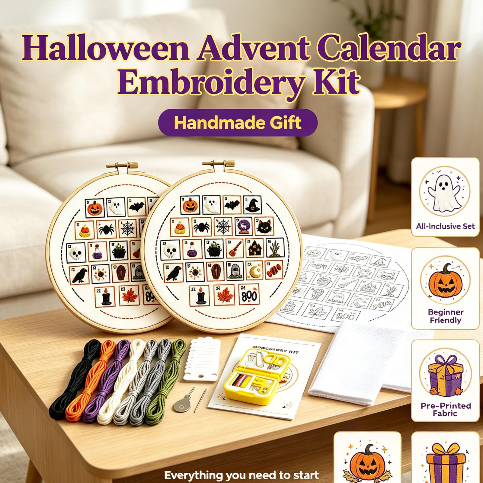 Kit di ricamo del calendario dell'Avvento di Halloween, fatto a mano (2pcs)