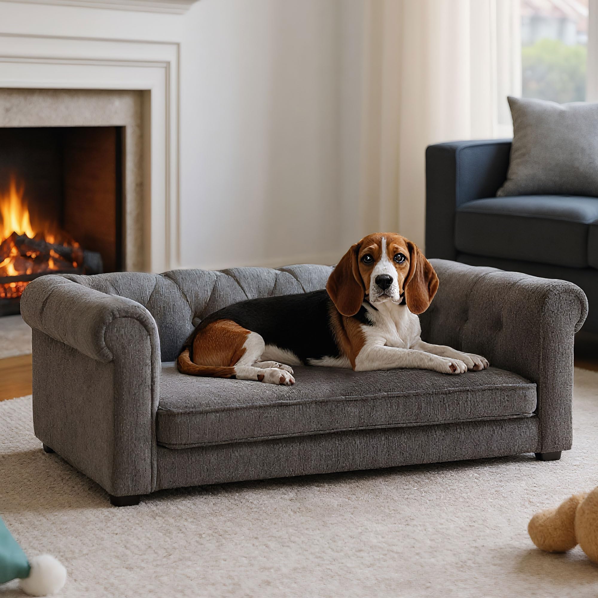 KrenzhHome Elevated Dog Sofa with Backrest and Armrests, Button Tufted Dog Couch Bed with Soft Cushion for Medium Dogs, Stylish Lounging Bed Pet Couch