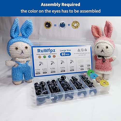 Miniatura 2 de Ojos de seguridad grandes para Amigurumi Crochet Glitter 0.709-1.181 in  RuWfpz 4 tamaños ojos de animales de peluche de colores con arandelas, 80