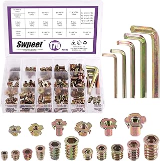 Swpeet 175Pcs M4 M5 M6 M8 M10 Metric Carbon Steel Color Zinc Plated Threaded Inserts Nuts and T-Nut 4 Pronged Tee Blind Nuts with Wrench Assortment Kit for Wood Furniture Bolt Fastener Screw Inserts