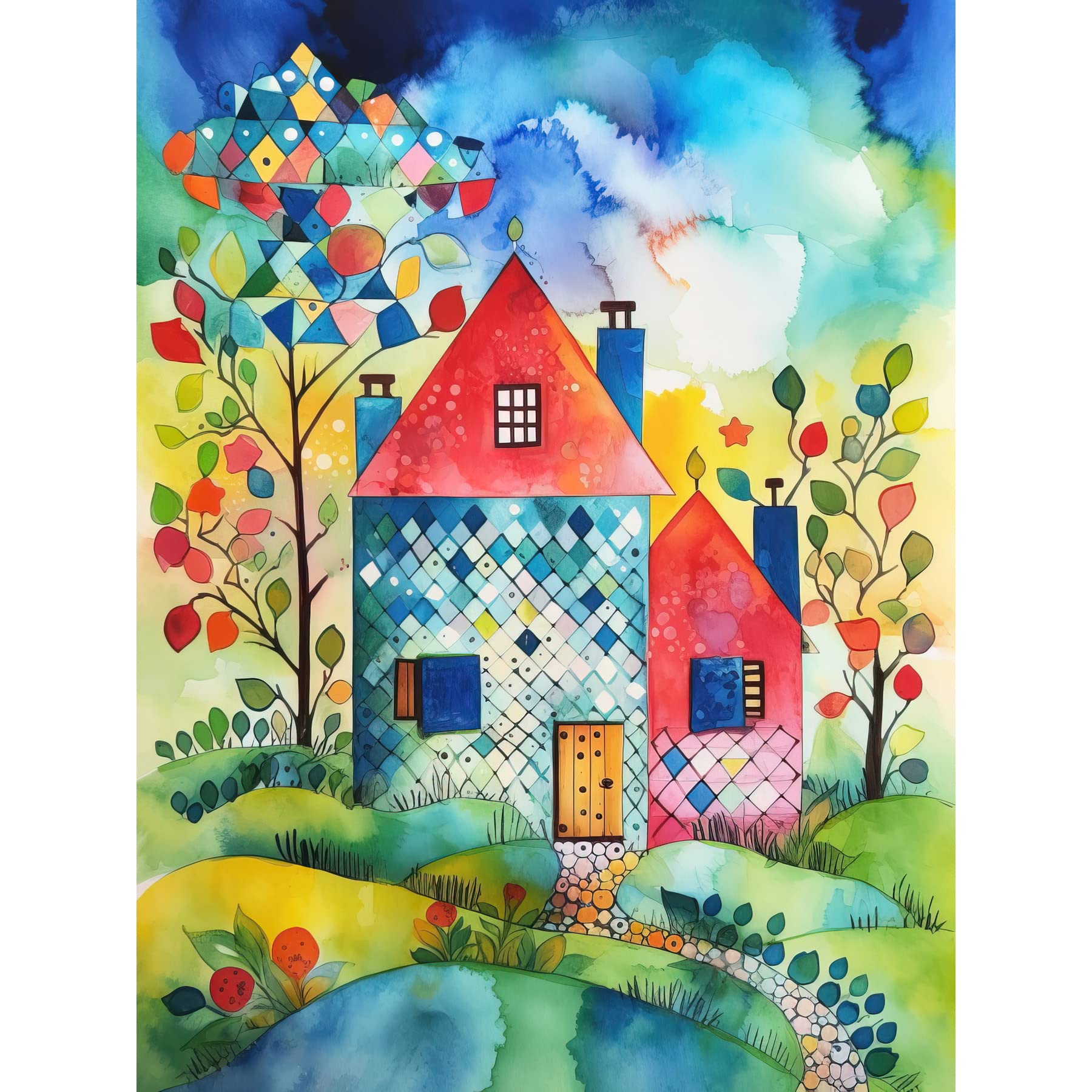 Artery8 Farmhouse In The Flowers Folk Art Large Wall Art Poster Print Thick Paper 18X24 Inch