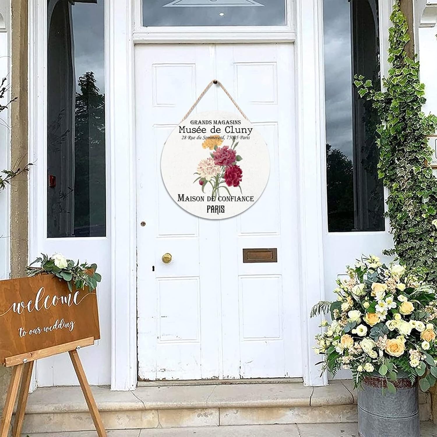 Vintage Flower Wood Door Sign, Personalized Pattern Front Door Round Wood Sign, 16x16in Flower Wall Hanging Sign Plaque for Backyard Front Porch Farmhouse Front Door Decor Housewarming Gifts
