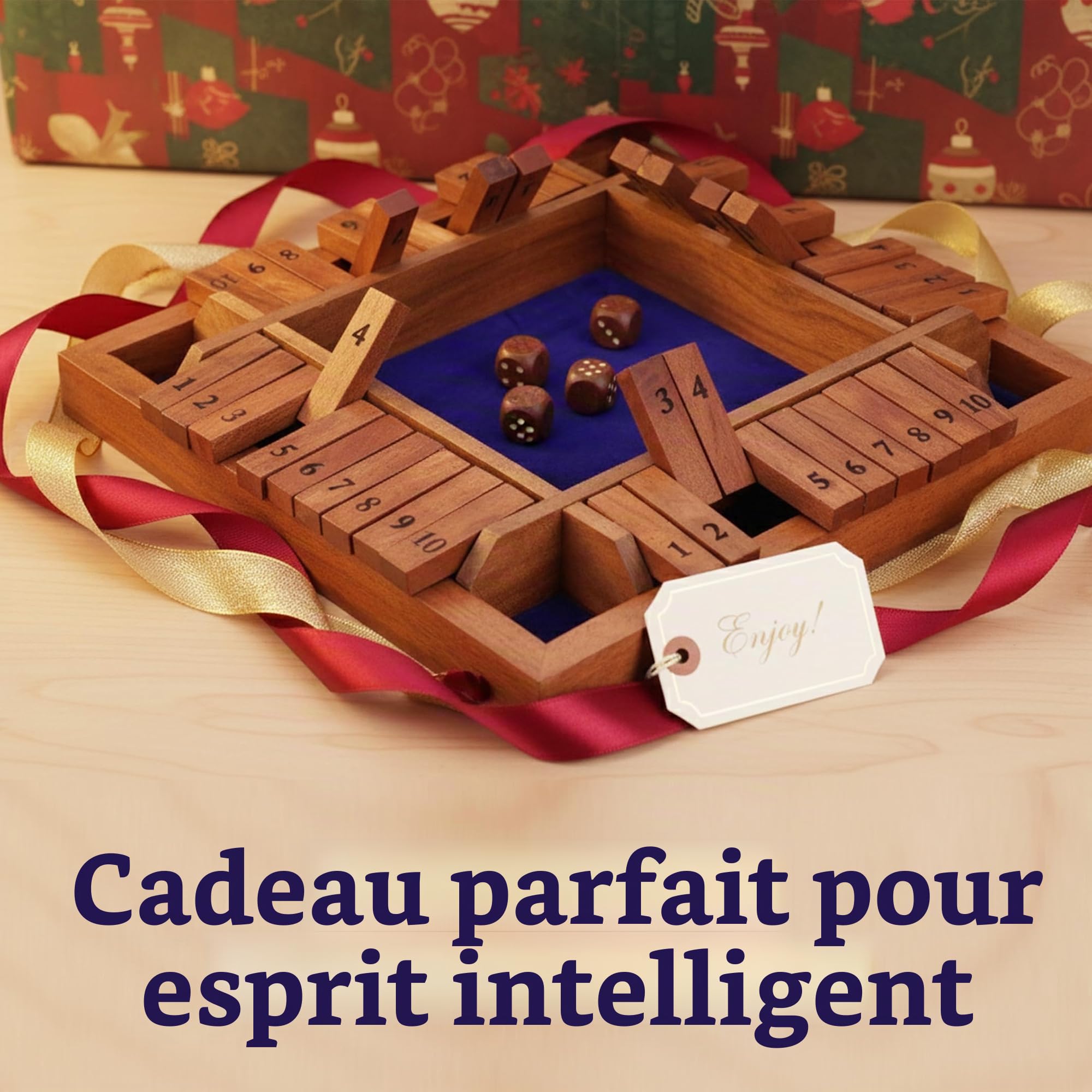 Ajuny Jeu de Société en Bois Shut The Box – 10 Tuiles Numérotées Plateau Naturel Massif pour Enfants et Adultes Jeux de Société Dés Bar – 12 Pouces