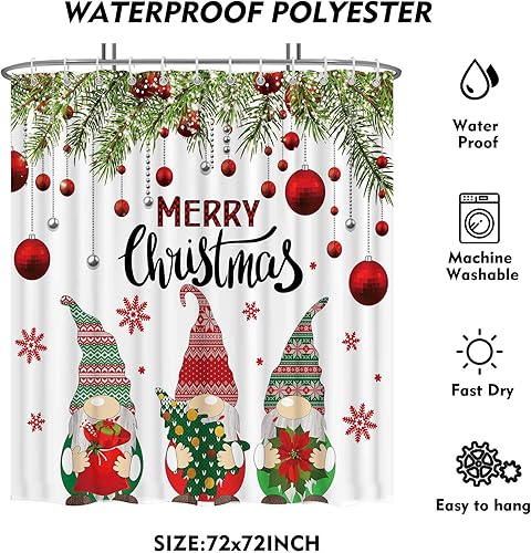 Miniatura 3 de LIVUCEE Juego de cortinas de ducha de tela de poliéster de 72 x 72 pulgadas, diseño de gnomos de Navidad, impermeables, ramas de Navidad, árbol para