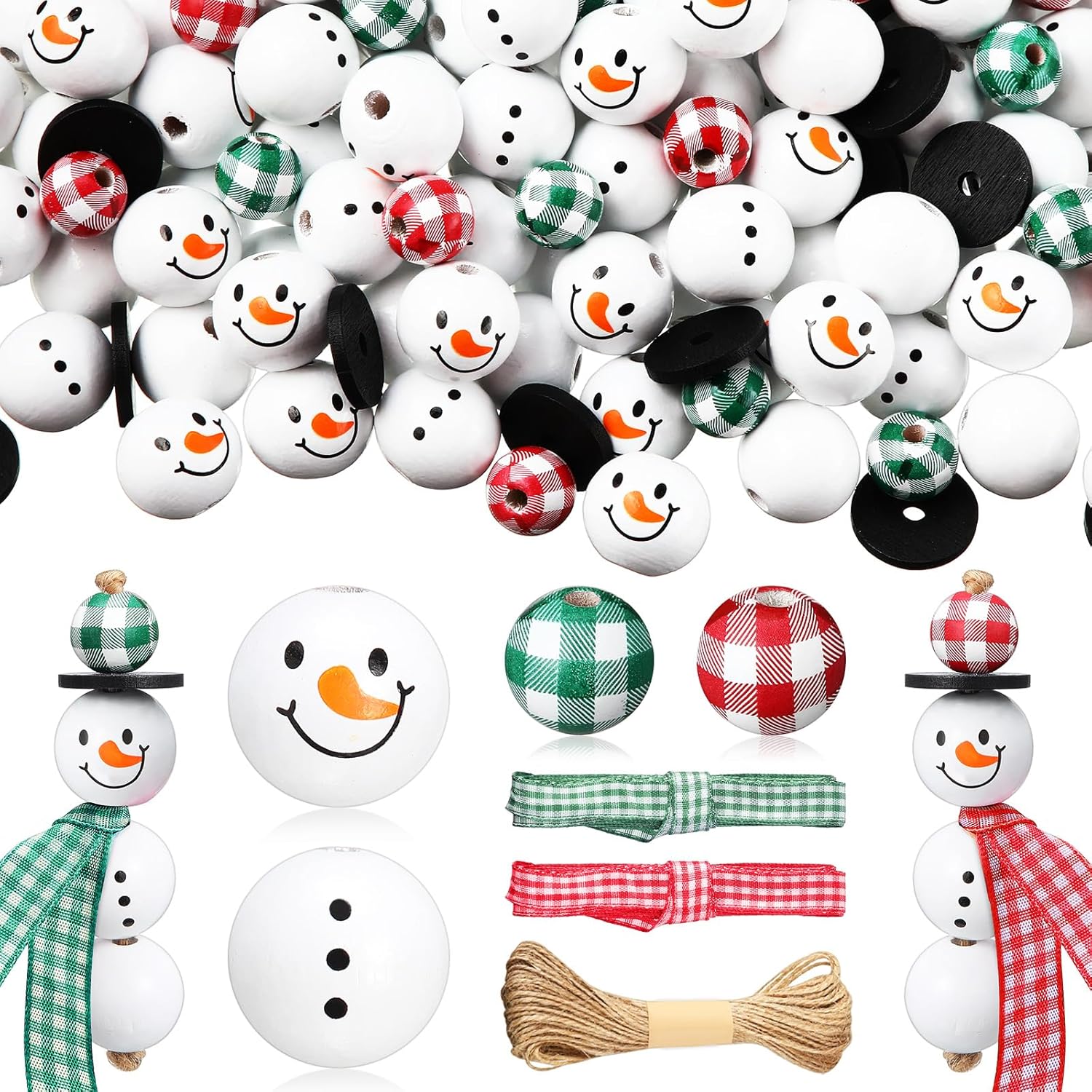 Yulejo 180 Pieces Christmas Snowman Wooden Bead Christmas Crafts for Adults Winter Buffalo Plaid Wood Round Bead with DIY Twine Scarf for Crafts(Novel Color)