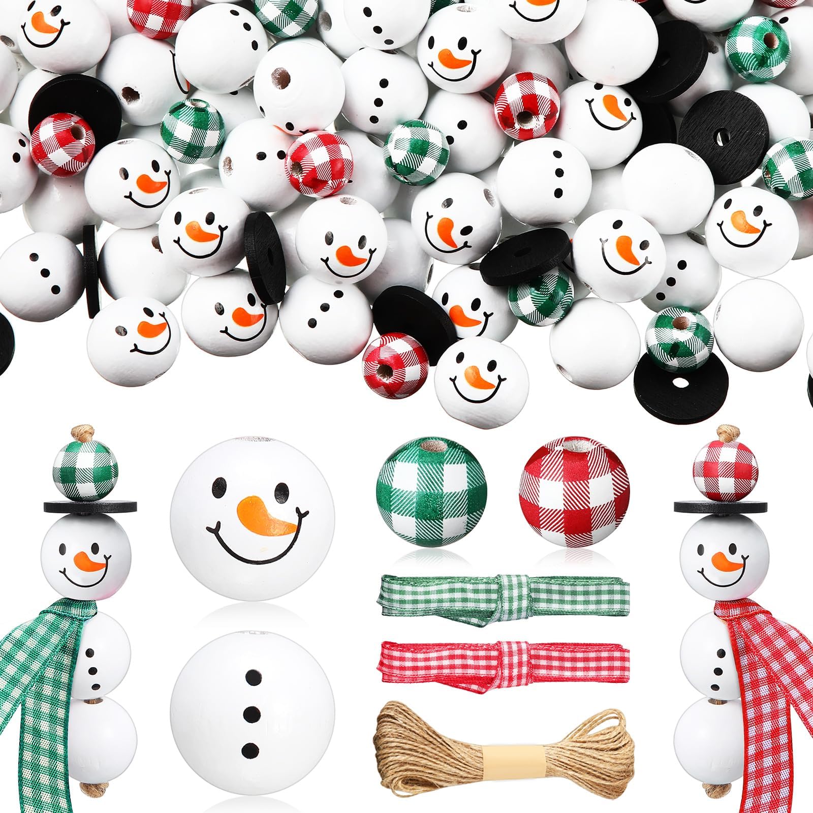180 Pieces Christmas Snowman Wooden Bead Winter Wooden Bead Christmas Buffalo Plaid Wood Round Bead Christmas Print Wooden Beads with DIY Twine Scarf Wooden Beads for Crafts (Novel Color)
