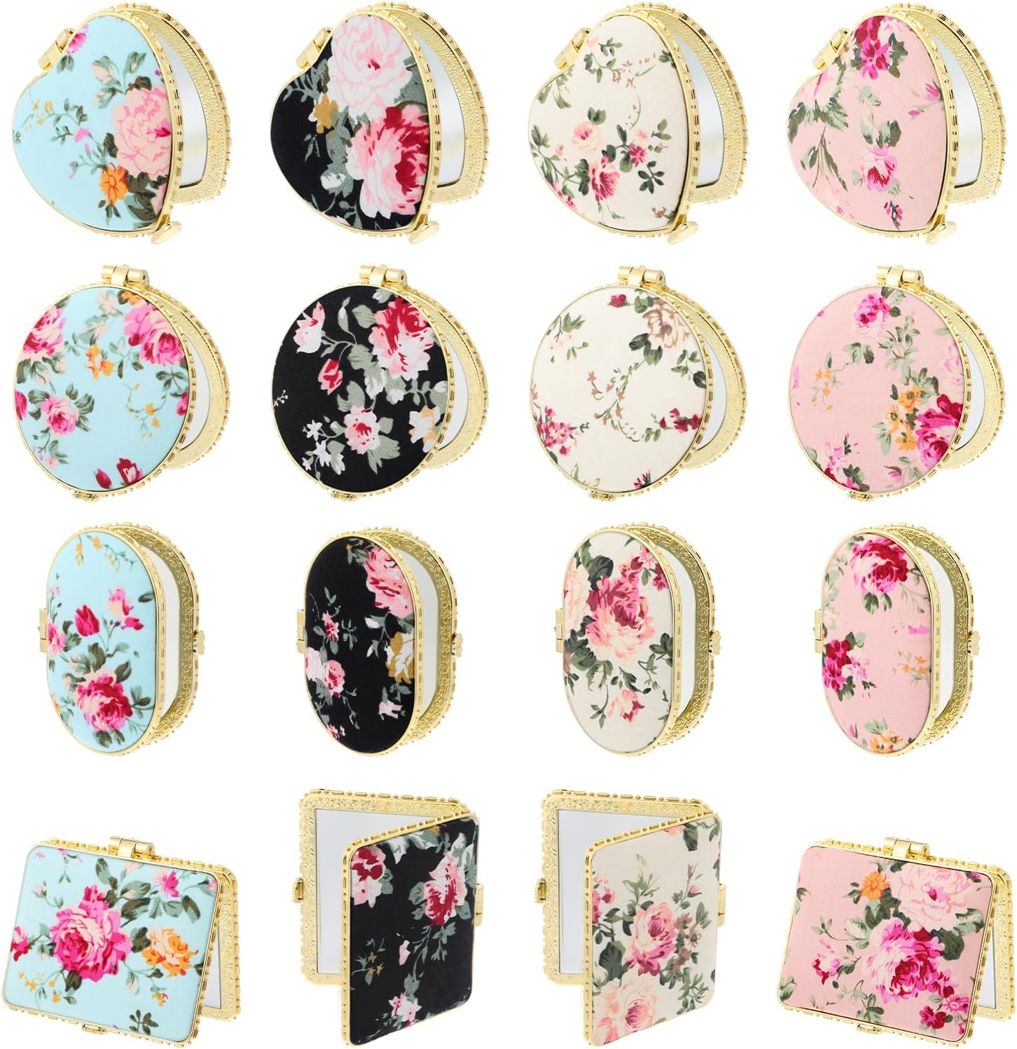 16 Pcs Small Compact Mirror Rose Pattern Purse Pocket Mirror Magnifying Travel Makeup Mirrors Portable Floral Folding Tea Party Favors for Women Return Gift