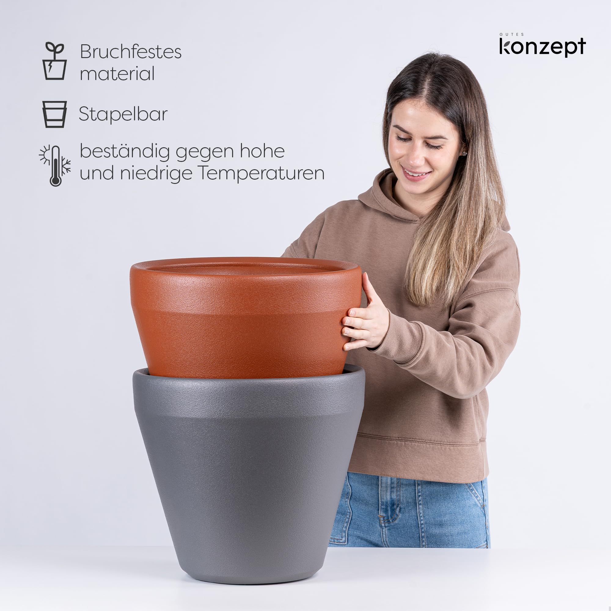 KONZEPT Übertopf groß 40 cm Durchmesser aus Kunststoff, 30 L, Anthrazit - Blumentopf in Ton-Optik, Kratzunempfindlich, UV- & Frostbeständig, für Innen & Außen geeignet