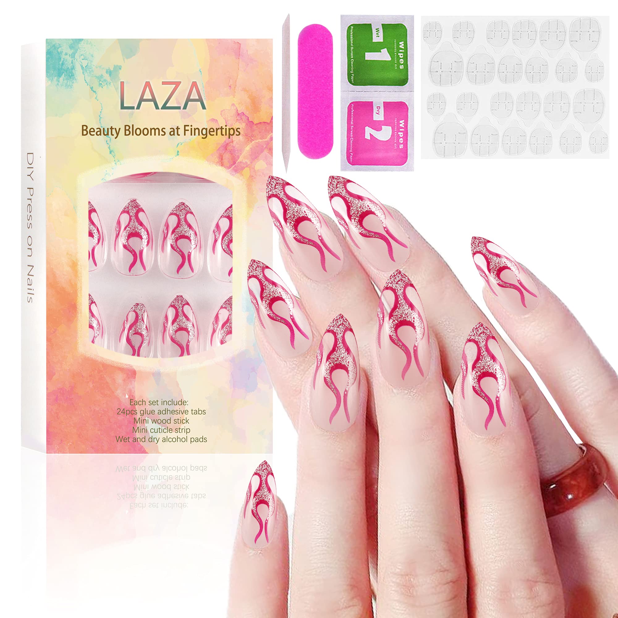 Amazon.com: Laza 24pcs Colorful Fake Nails Super Long Stiletto Full Cover  Color UV Coat Acrylic Nail Kits Sets with Glue Tabs Nail File Wood Stick  for Daily Use - Rose Red Fire :