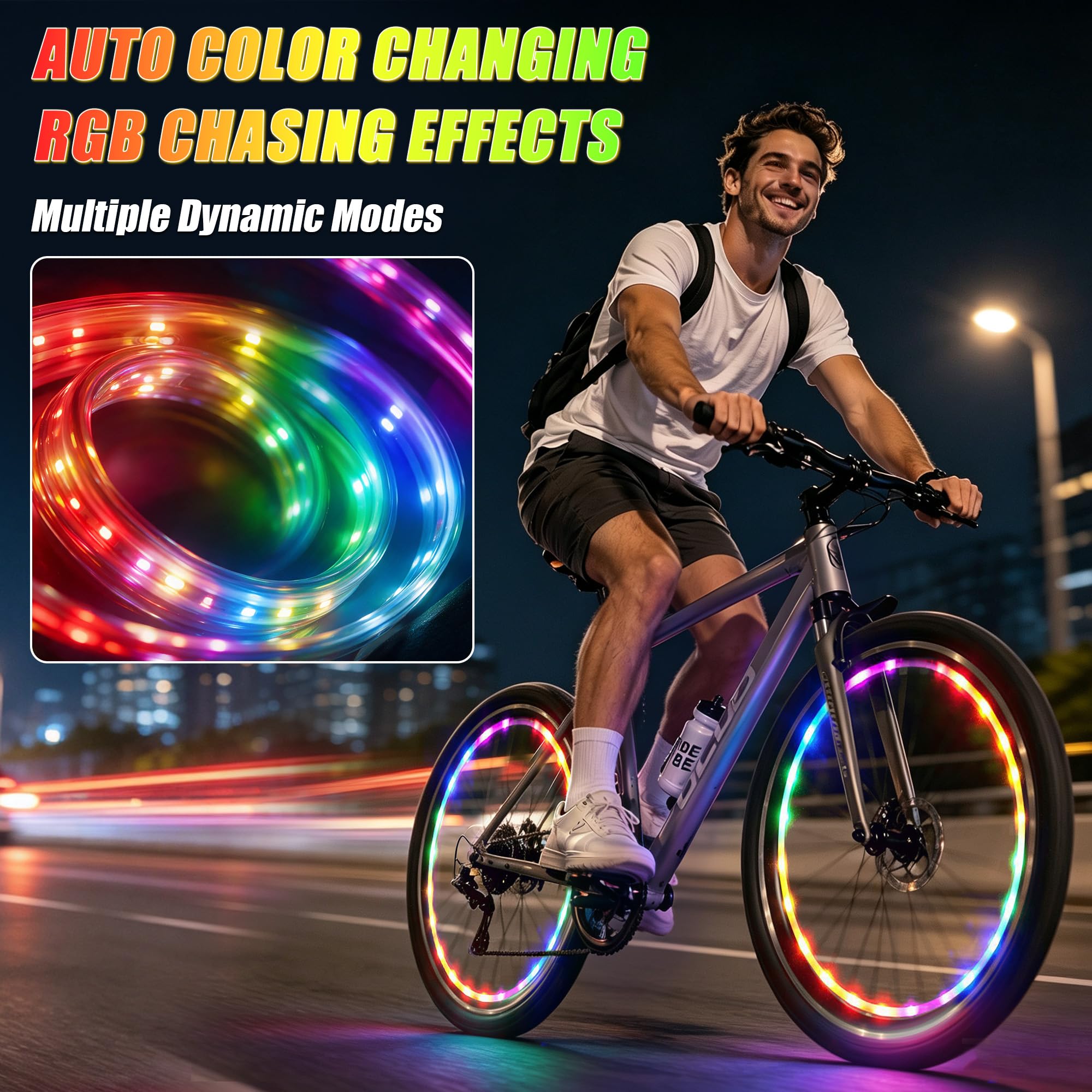 Lot de 2 lumières LED pour roue de vélo pour conduite de nuit (RGYB 4 couleurs) fixe | Lot de 2 éclairages LED, roue de vélo, visibilité nocturne, accessoire de vélo