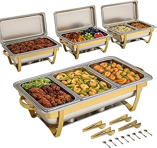 4 Stück Gold Edelstahl Chafing Dish Set, 9 QT Rechteckig Speisenwärmer Buffet Server mit Deckel und 7 Pfannen, Wärmebehälter mit Utensilien für Catering Veranstaltungen