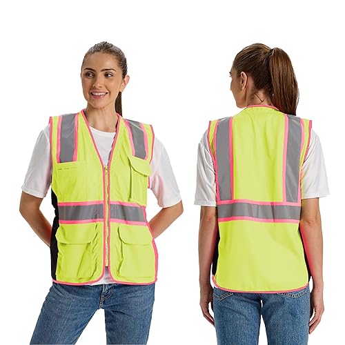 Miniatura 9 de Hi Vis - Chaleco de seguridad para mujer, chaleco de construcción con cordón en la cintura con bolsillos y cremallera, chaleco de seguridad para