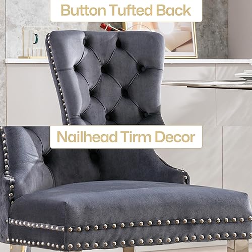 Miniatura 4 de Homedraft Nikki Collection - Juego de 2 sillas de comedor de terciopelo con patas acrílicas y anillo de tracción, silla auxiliar de lujo con ribete