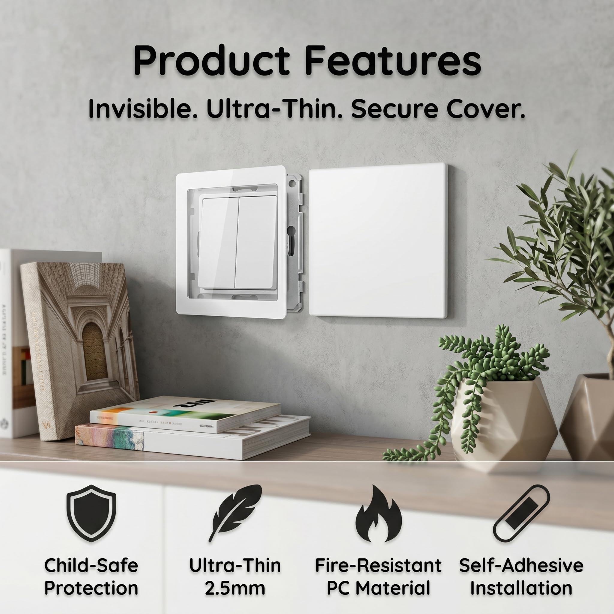 Ruvan Sin Agujeros Tapa Ciega Autoadhesiva Blanco de PC, 2 Piezas Placa Cubre Cables y Enchufes para Pared, Protector de Caja de Conexiones 86x86mm, Embellecedor Pared para Renovación de Viviendas