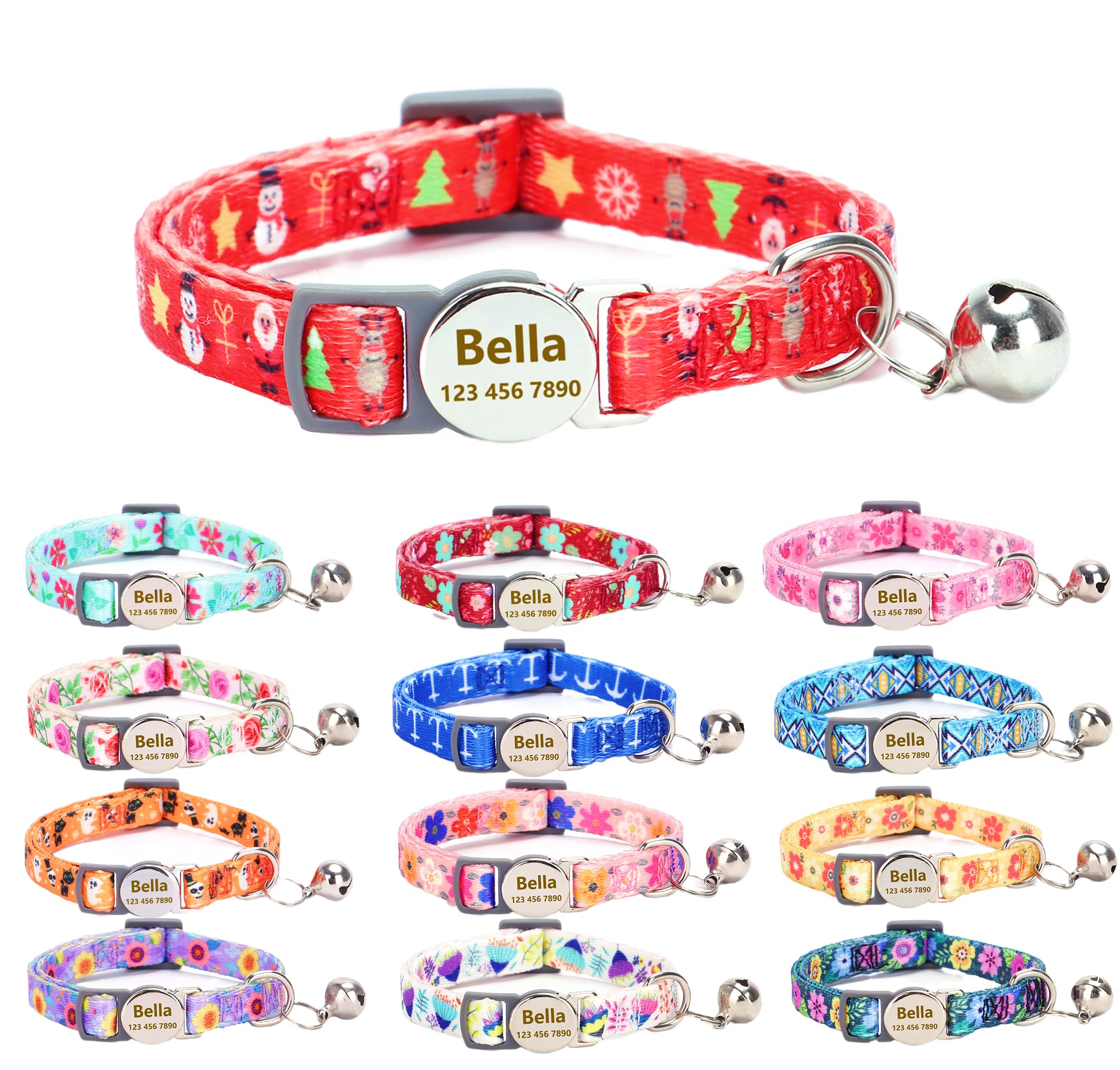 Moonpet Custom Personalized Breakaway Christmas Kitten Cat Collar with ID Name Phone Number Tag Plate/Customized Engraved Floral Pattern Boy Girl Cat Kitten Collar with Bell-Christmas Style