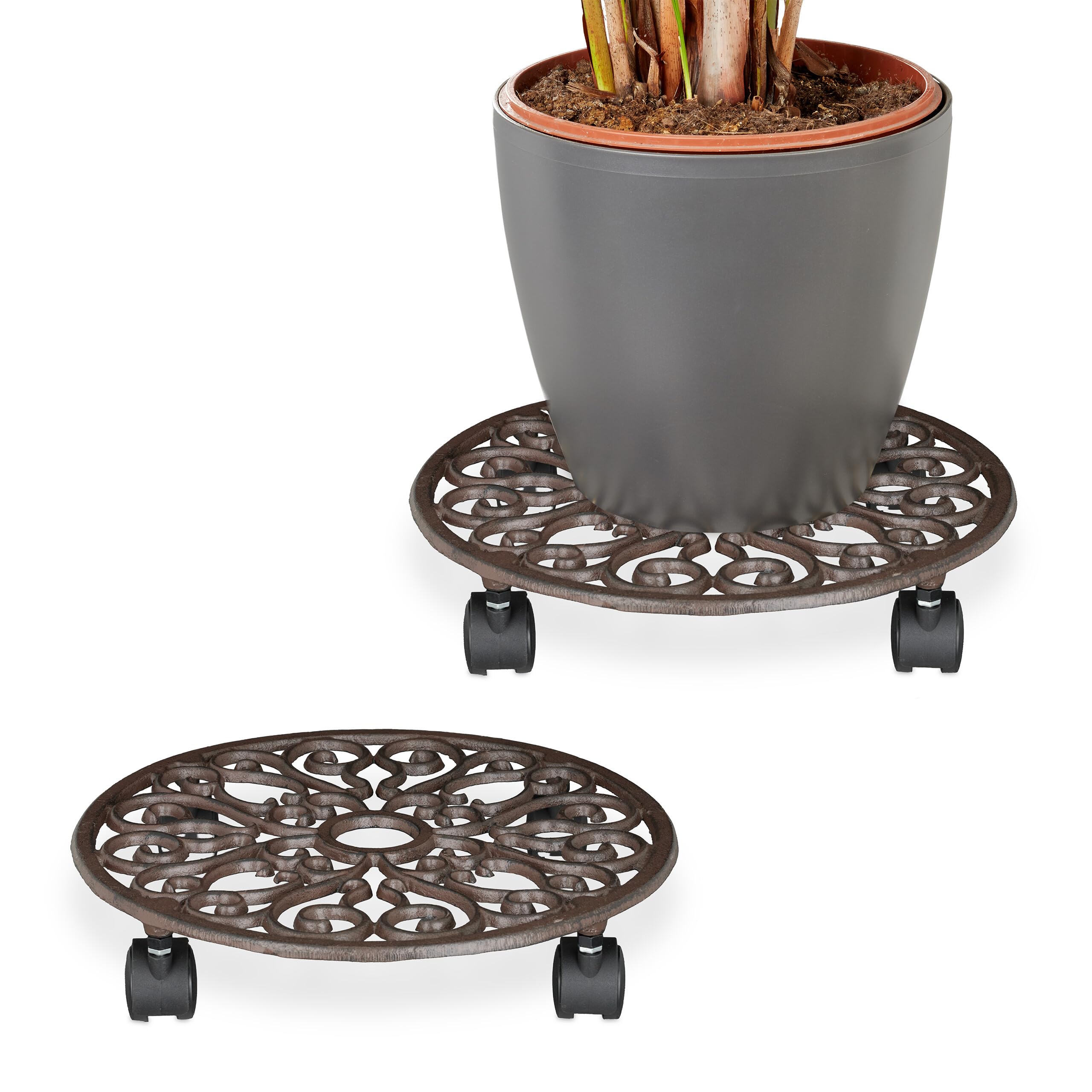 Relaxdays Lot de 2 Porte-Plantes à roulettes, en Fonte, H x D chacun : 7,5 x 34 cm, pour intérieur et extérieur, Marron