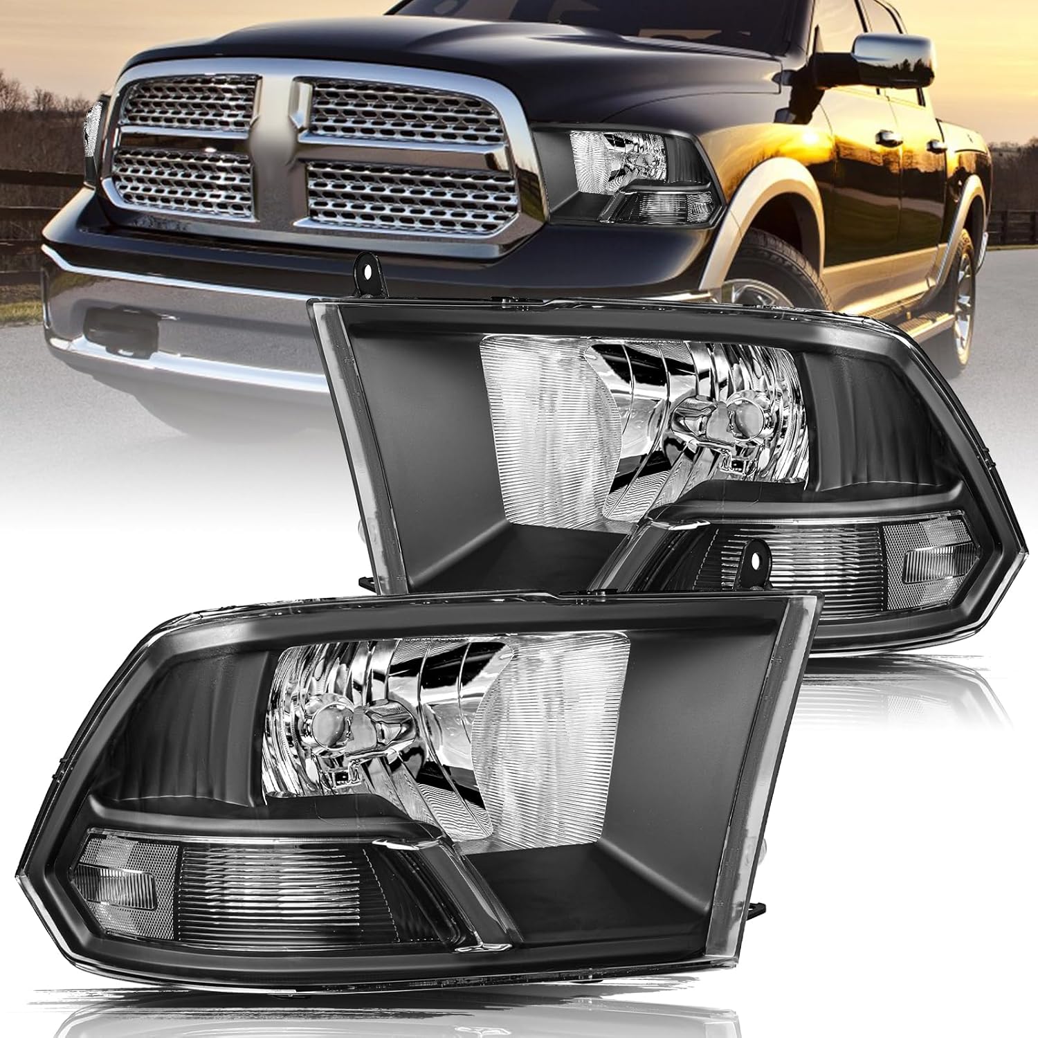 Aosky [Factory Quad Style Headlight Assembly Fit For 2009-2018 Dodge Ram 1500/2010-2018 Dodge Ram 2500 3500/2019-2022 Ram 1500 Classic OE Headlamp Replacement Chrome Housing Amber Reflector