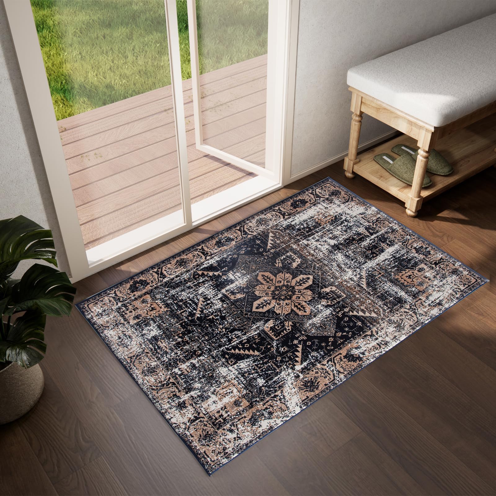 renoazul® Small Rugs For Bedroom With Jute Back, Oriental Rug - Wello 80 x 150 cm Navy - Hand Washable Mats For Kitchen Floor, Hallway and Welcome Mat