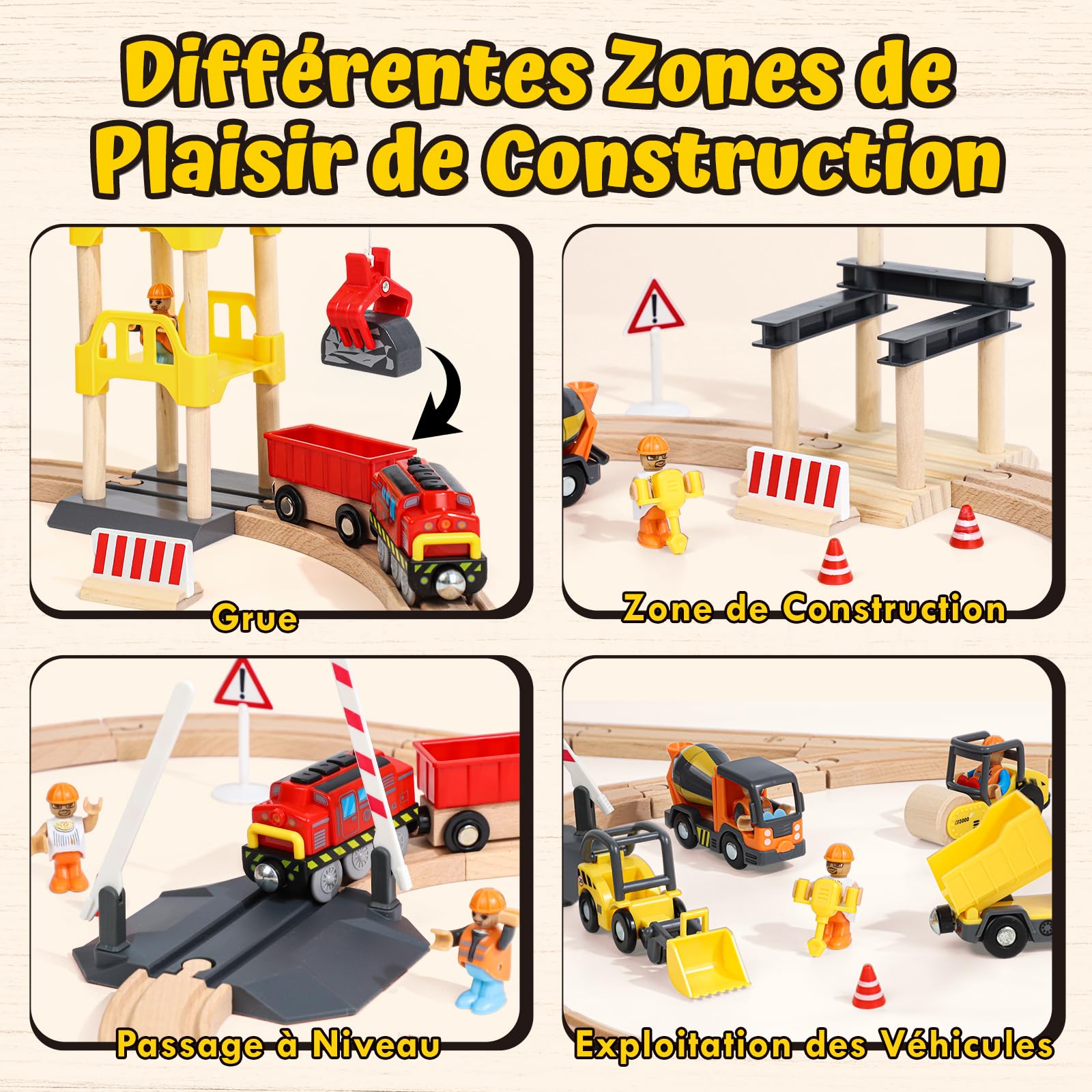 Lehoo Castle 68 Pcs Train en Bois, Train Electrique Enfant, Enfant Grue, Compatible avec Brio, Thomas, Jouet pour Enfants 3+ Ans