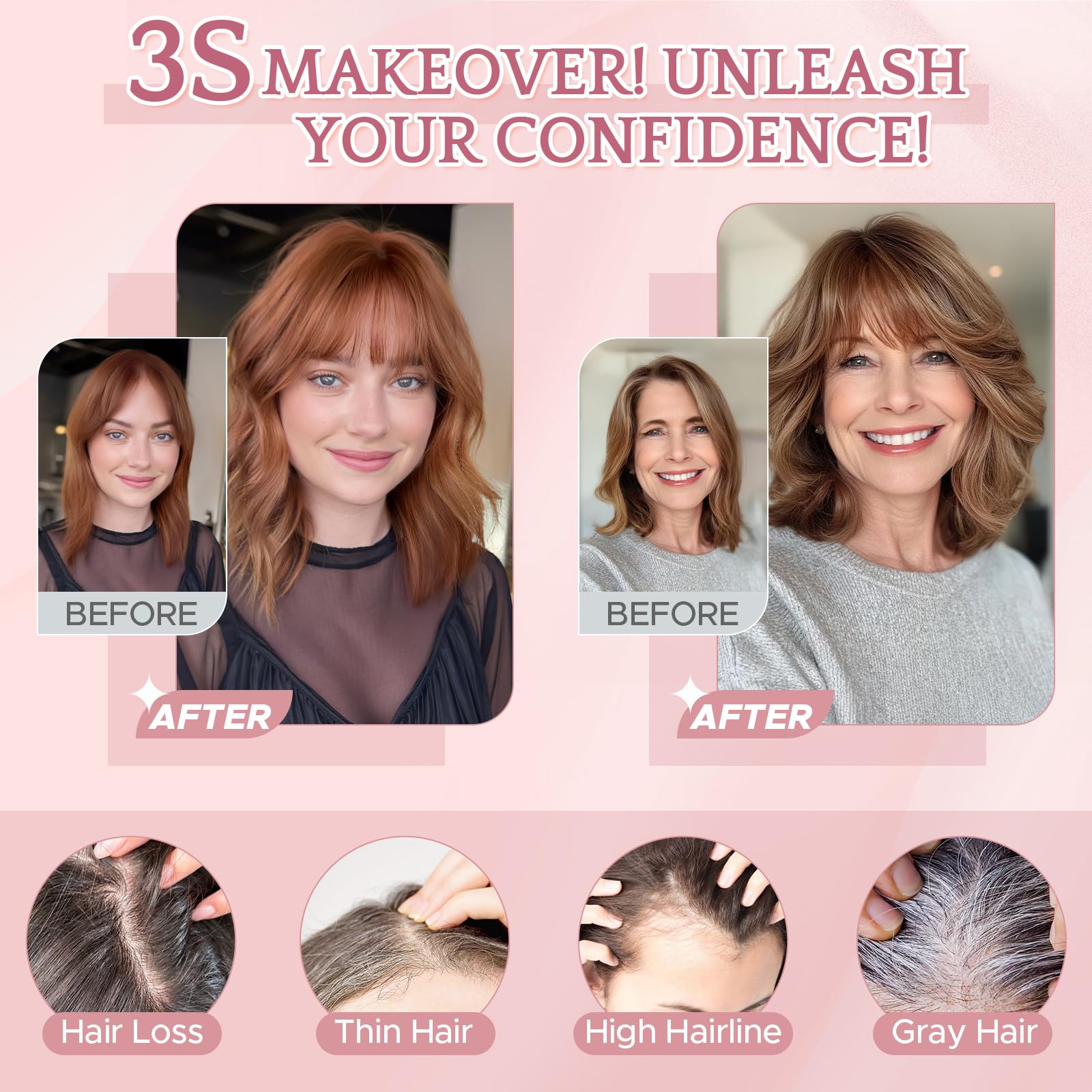 Echthaar Hair Topper für Frauen mit Wispy Pony - Mittelbraun/Dunkelblond Toppers 100% Echtes Haar Clip in Topper Menschliches Haar Top Hat T Spitze Basis für mit Dünnem 13 Gramm