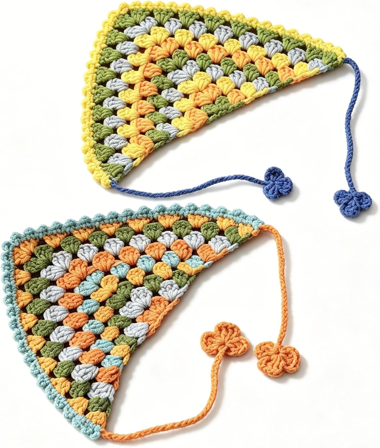 2pcs Handmade Crochet Dog Bandana for Small to Large Dogs - Retro Granny Square Pet Bib for Birthdays & Photoshoots - Soft Cotton Boho Cat Scarf with Flower Adjustable Ties (Medium)