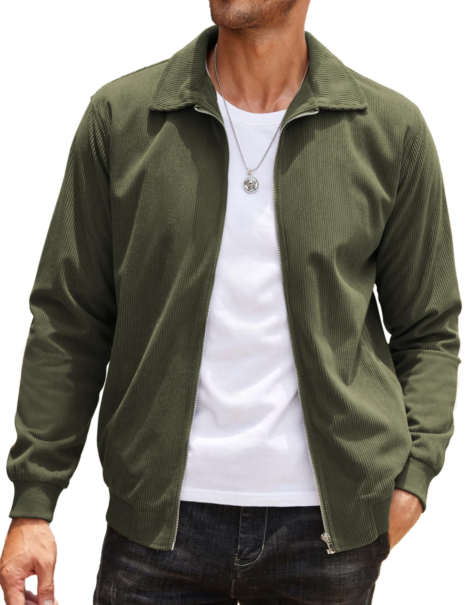 COOFANDY Men's Bomber Jacket Corduroy Collared Zip-Front Shirt