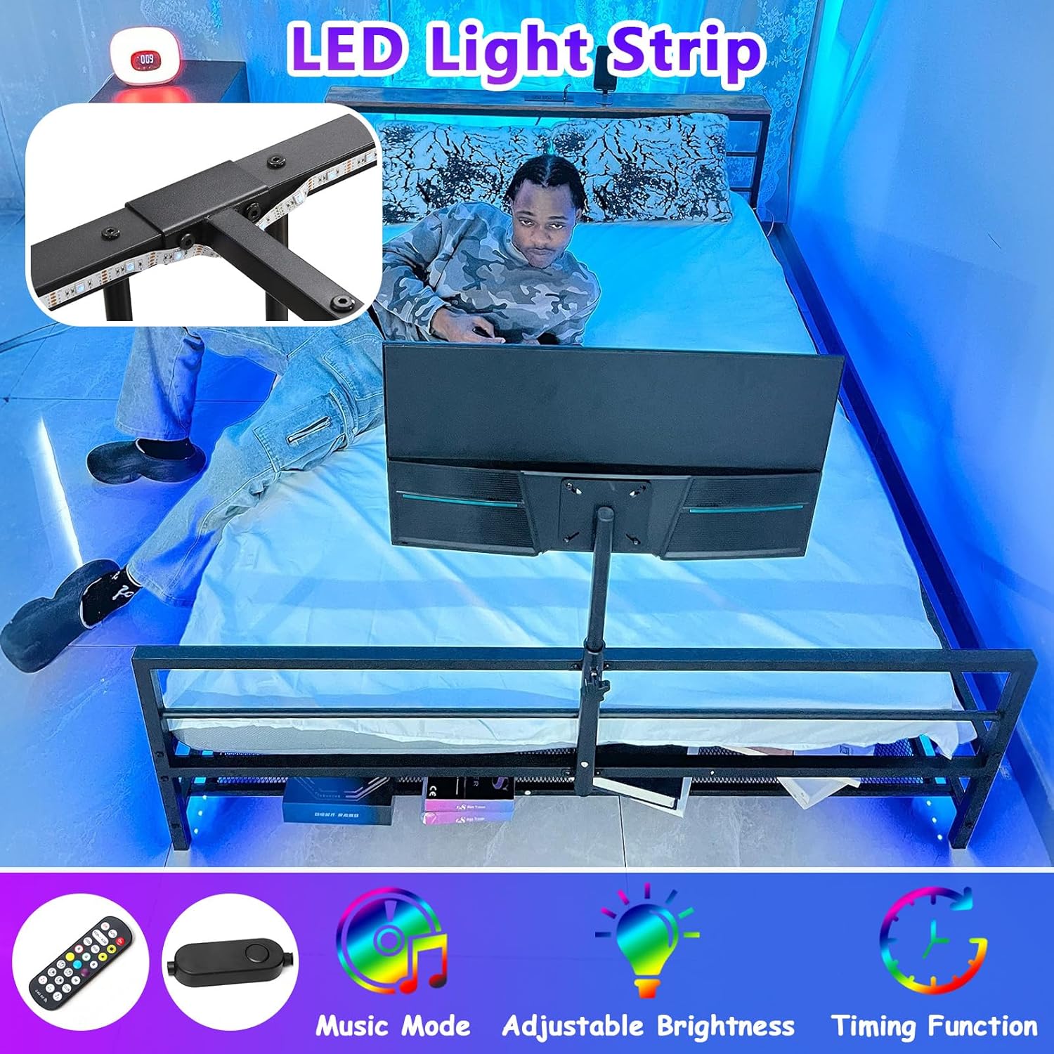 Metal Gamer Bed with TV Mount, Black Gaming Bed Frame with Gaming Stuff Storage, Gifts for Teen Boys, Adjustable LED Lights, USB (Full)