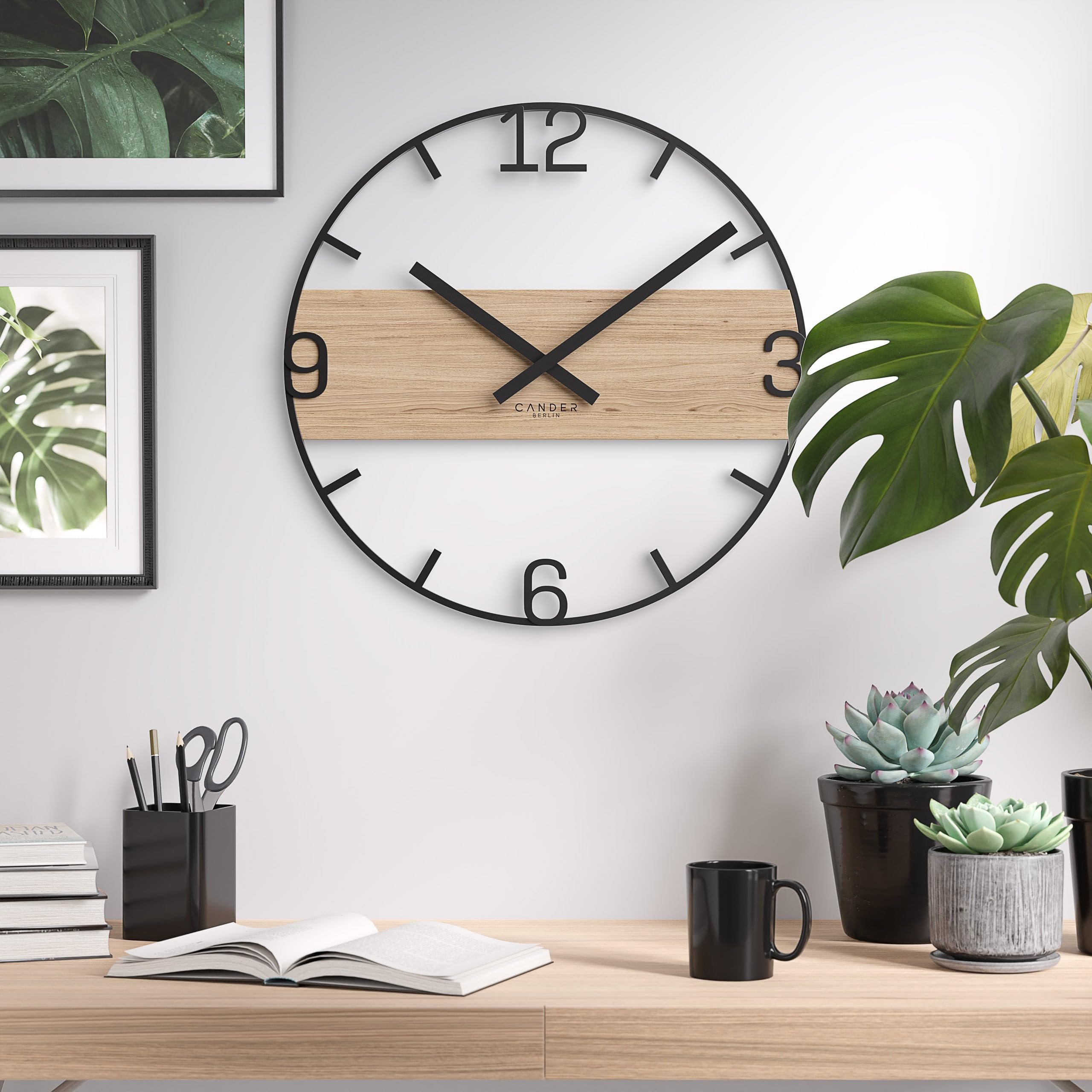 Cander Berlin ADEON XXL Vintage Wanduhr lautlos 45 cm Metall Holz Eichenfurnier ohne Tickgeräusche modern schwarz Wohnzimmer