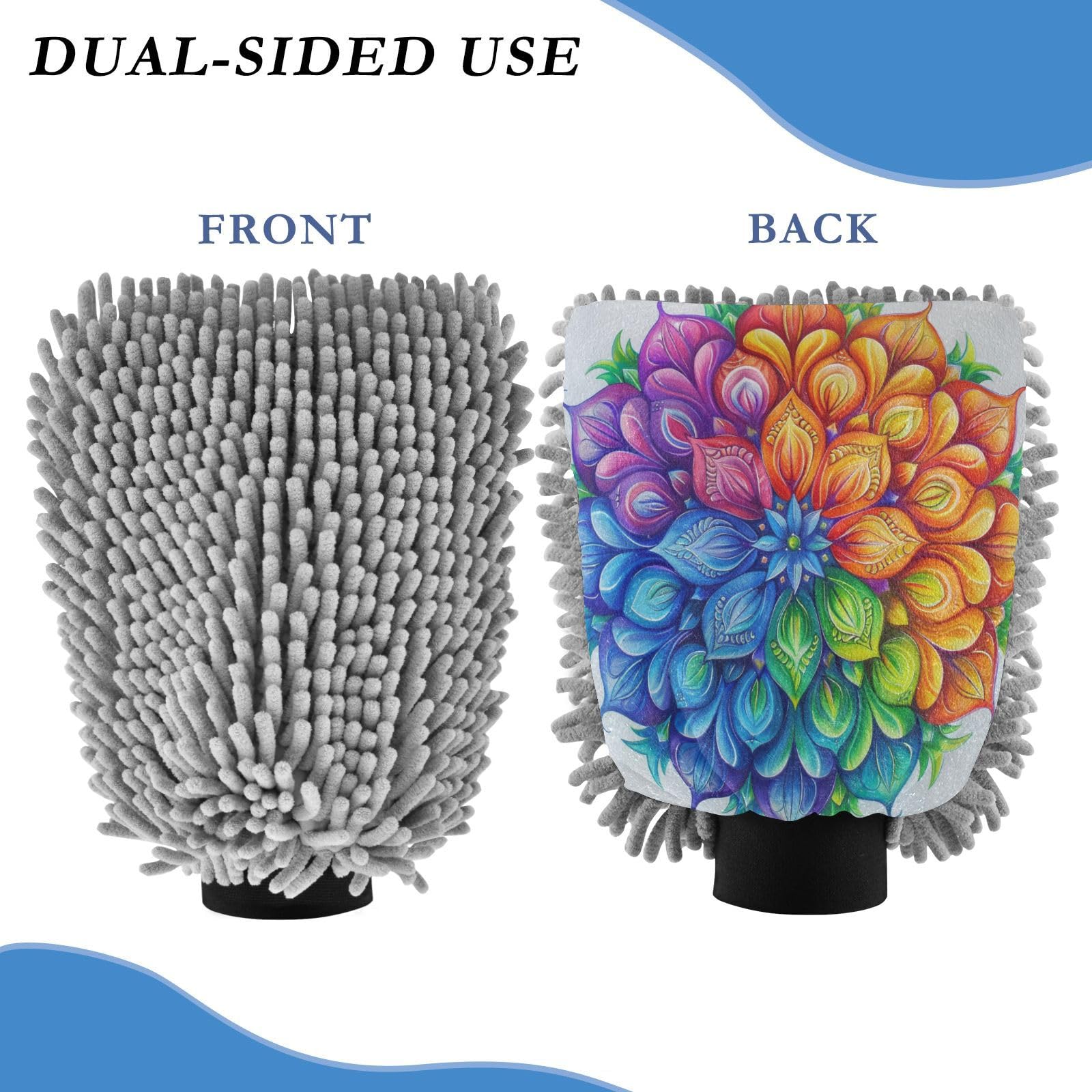 ALAZA Mandala Rainbow Car Wash Mitt Scratch Free, 2 Pack Absorbent Microfiber/Chenille Washing & Drying Mitts, M