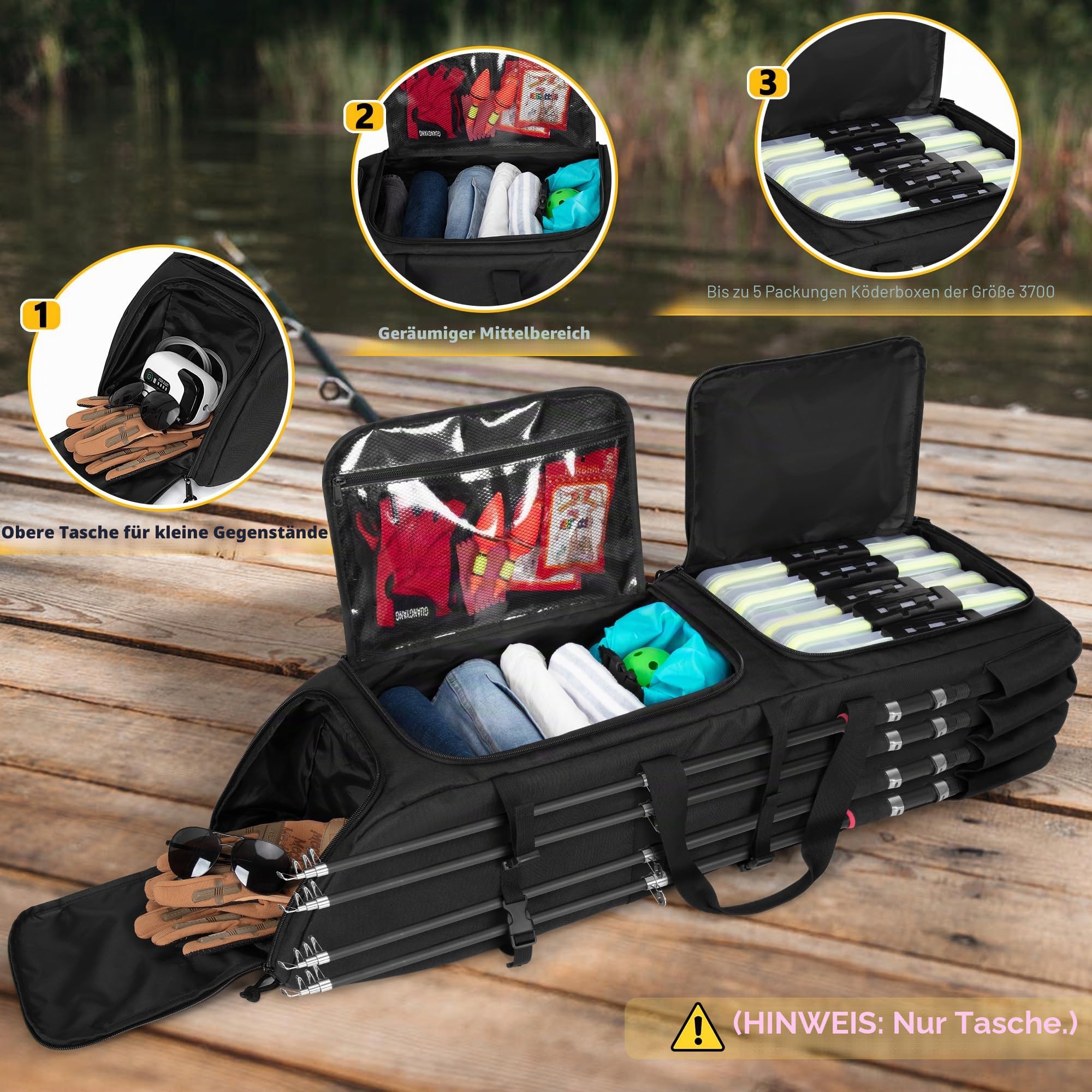 Rexmica Angelrucksack mit Rutenhaltern für 8 Outdoor-Angelrute, Schwarz | Angelrutentasche mit Fächern für Tackleboxen, Große Angelausrüstung Rucksack für Angeln Wandern Camping Trekking