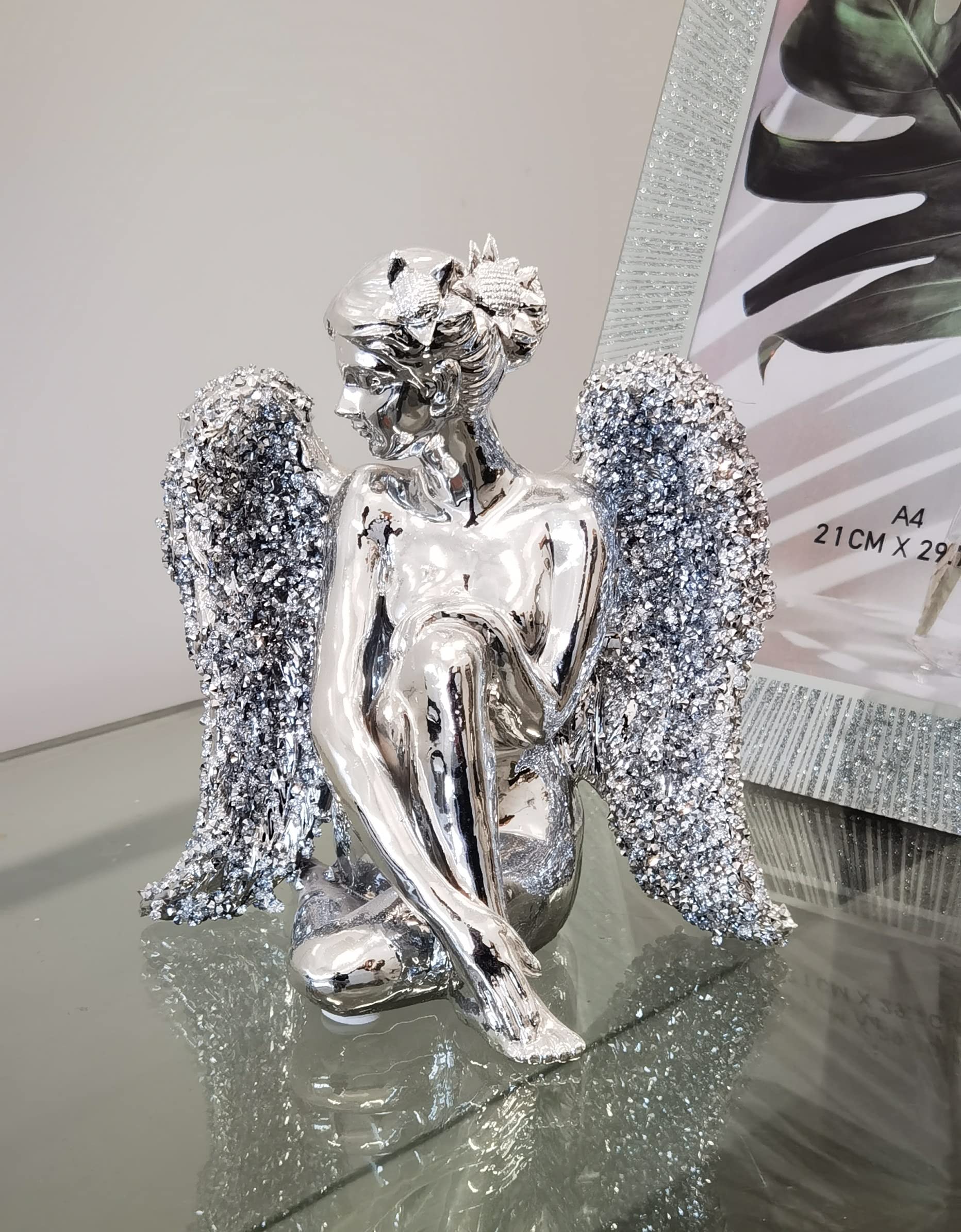 Sitting Angel With Wide Wings Crushed Diamond Ornament - Silver