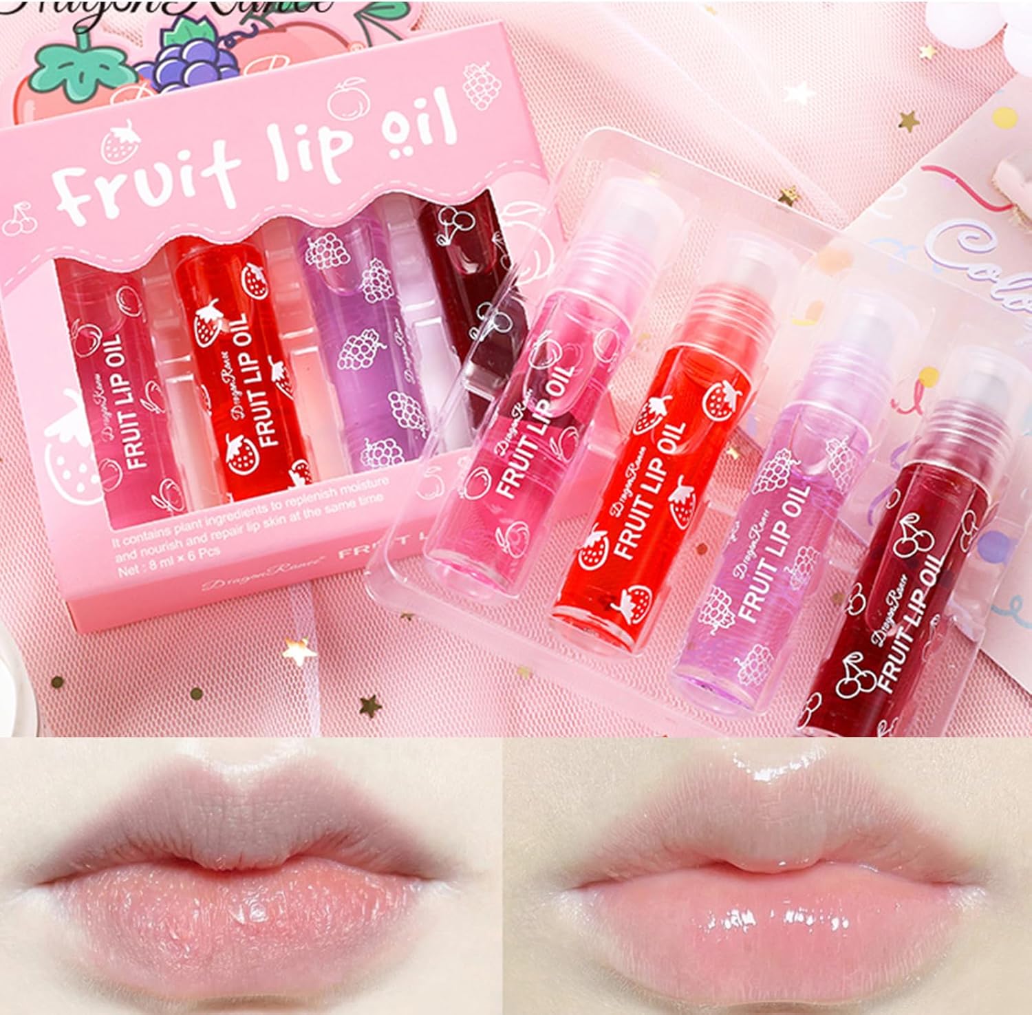Roll-on lipgloss, set van 4 stuks, glanzende lipmake-up, lippen, tint, vlekset, fruitige smaken, watery en hydraterende lipvlek voor vrouwen en meisjes