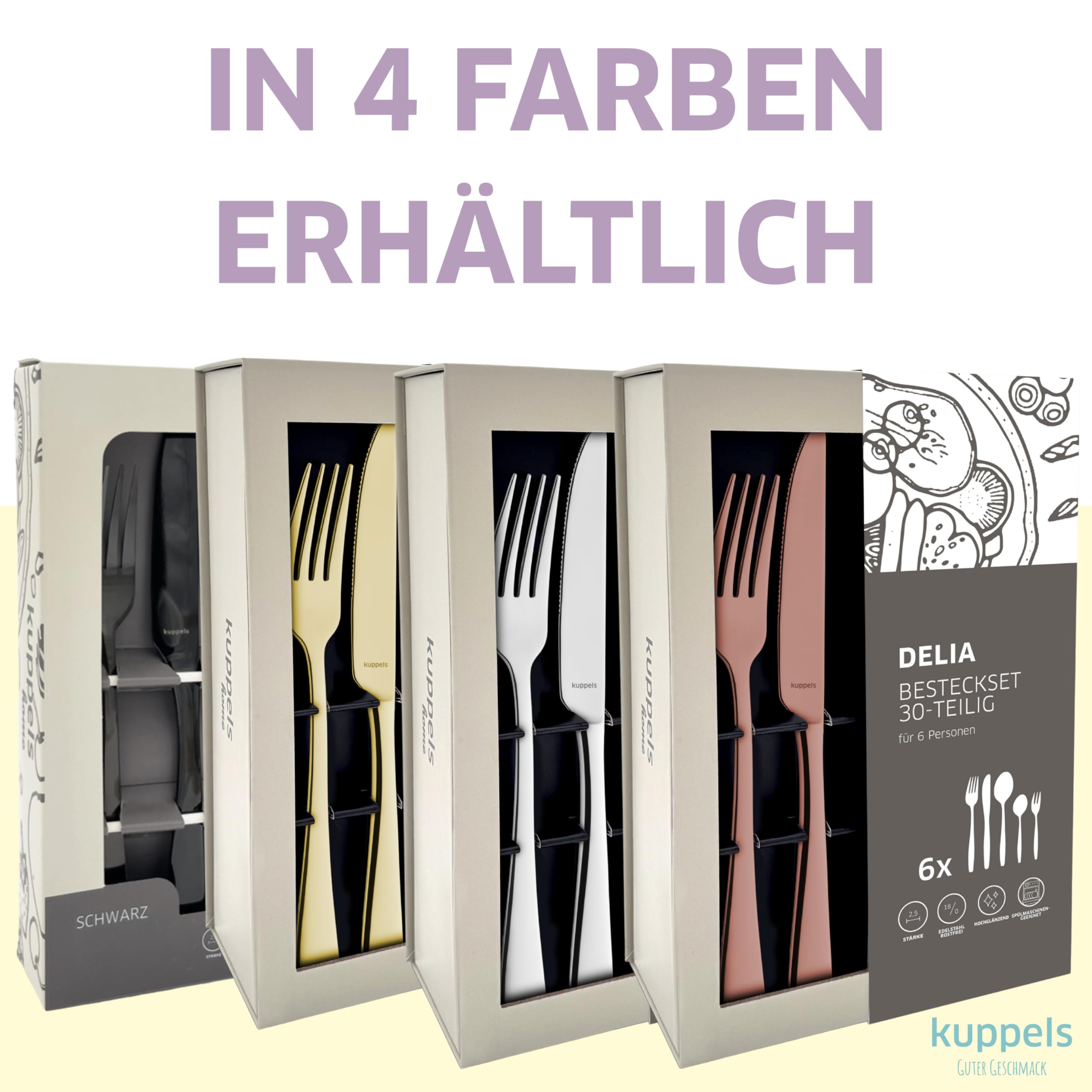 Kuppels Delia Besteck Set 30-tlg, 6 Personen, Edelstahl hochglanzpoliert | Menümesser, Menügabeln, Menülöffel, Kaffeelöffel, Kuchengabeln, spülmaschinenfest, modernes glamouröses Design