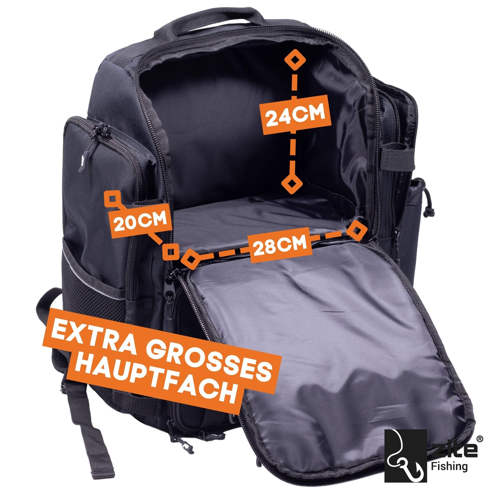 Zite Fishing Angelrucksack mit Boxen & Rutenhalter – Große Angeltasche mit Boxen (4 Stück) - Angel Rucksack-mit-Boxen - extra Dickes Rückenpolster, Angelrucksack-mit Rutenhalter, Fishing Backpack