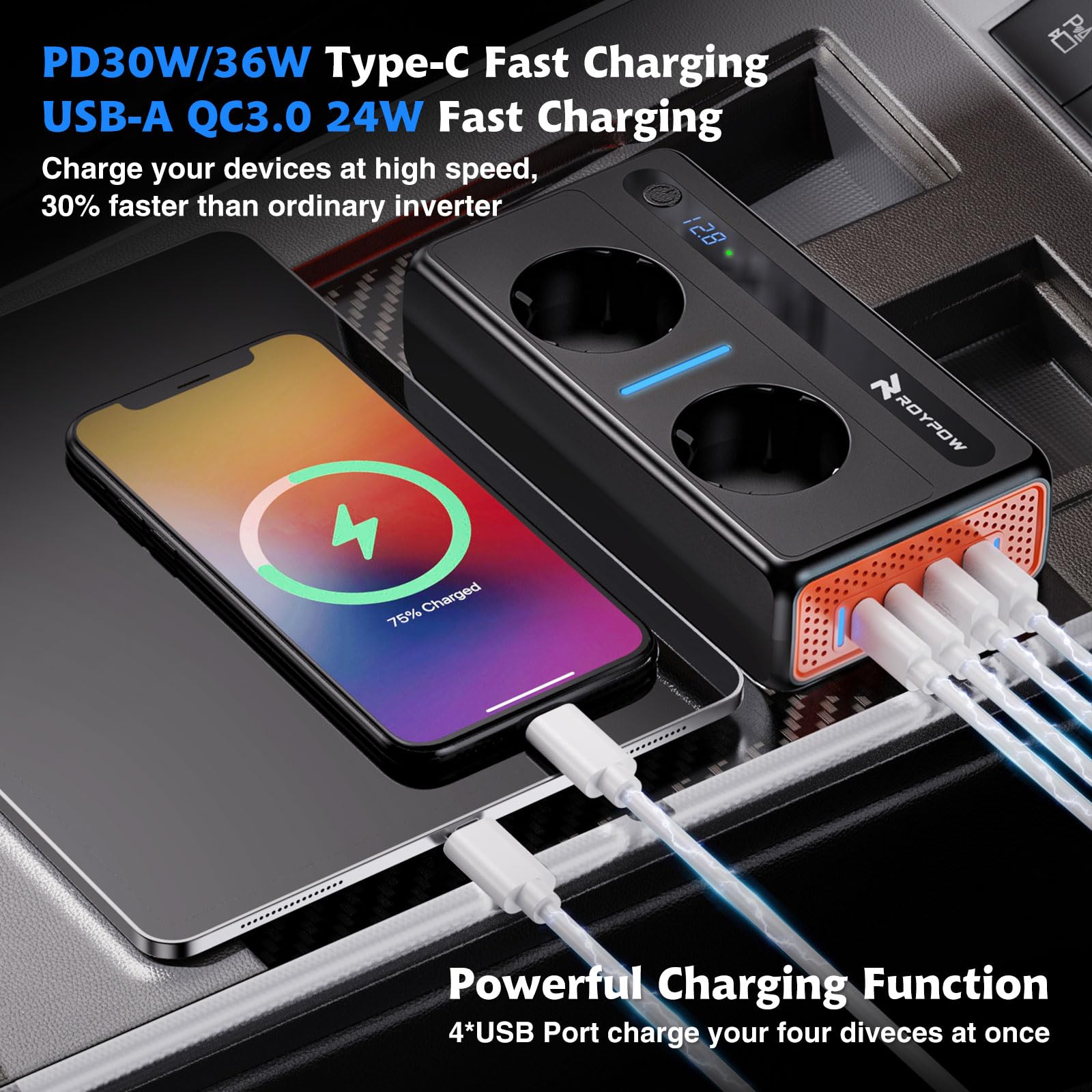 RoyPow Convertisseur 12V 220V 230V 240V 200W Prise Allume Cigare Transformateur de Tension, 2 Prises EU et 4 Ports USB, CC vers CA pour Voiture