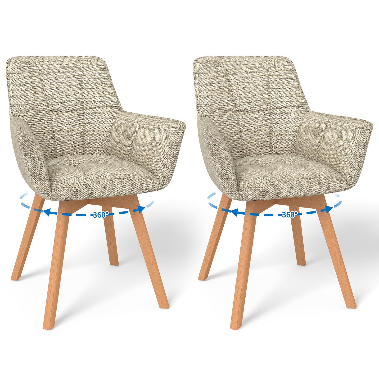 LONGTOO Swivel Dining Chairs Set of 2, 360° Swivel Chair with Armrests, Wooden Legs, Upholstered Chair for Dining Room, Living Room, Kitchen, Bedroom, Khaki