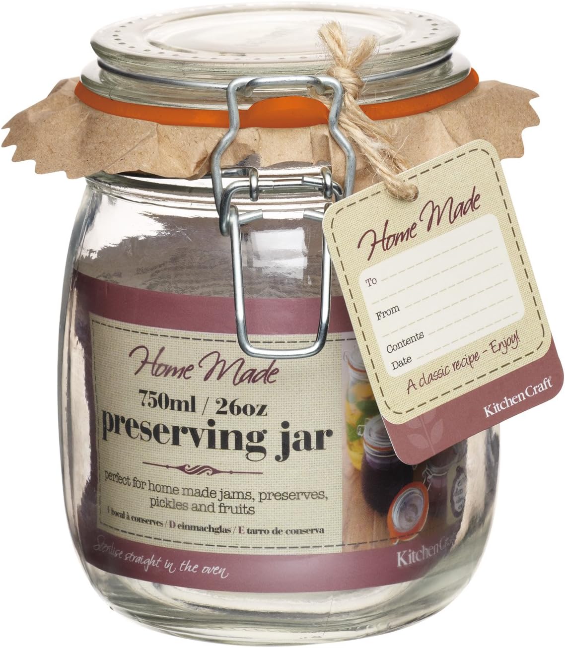 KitchenCraft KCLP750 Home Made Airtight Glass Jar with Clip Lid, 750 ml, Red