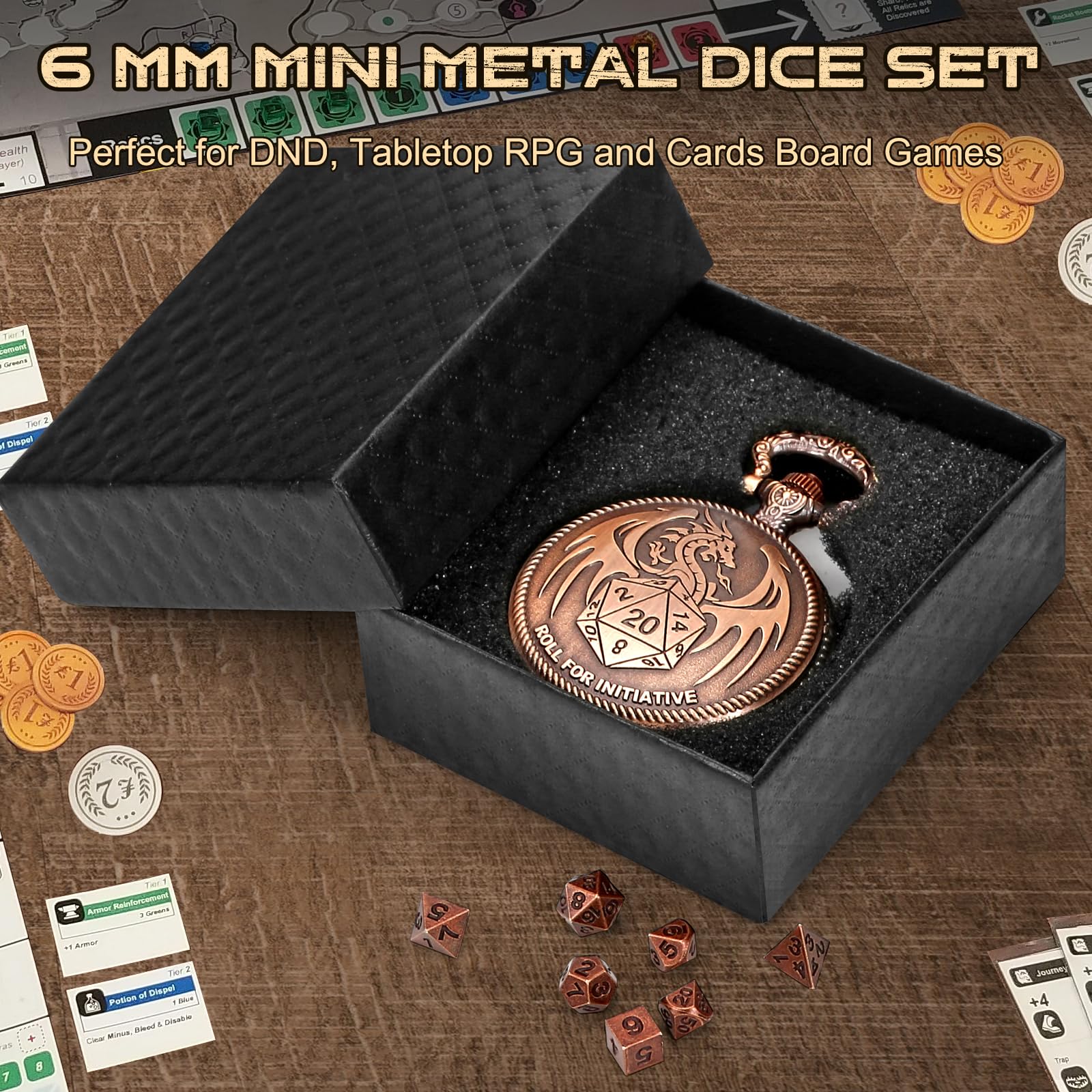 DND Mini Dice Set, Small Metal Polyhedral Dice for Dungeons and Dragons/D&D Gifts, Tiny Mini Role Playing Dice Set with Pocket Watch Case, Great RPG Accessories for Men Women Gamers (Red Bronze-6mm)