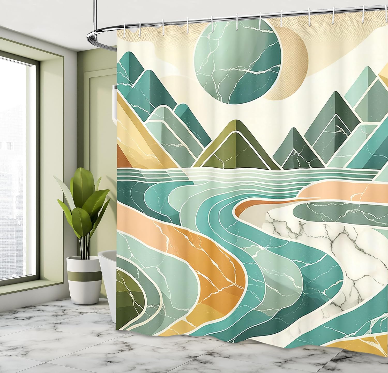 Ambesonne Lake Shower Curtain, Mid Century Modern Inspired Mountain Sun Nature Scene Minimal Marble Print, Cloth Fabric Bathroom Decor Set with Hooks, 69" W x 70" L, Amber and Seafoam